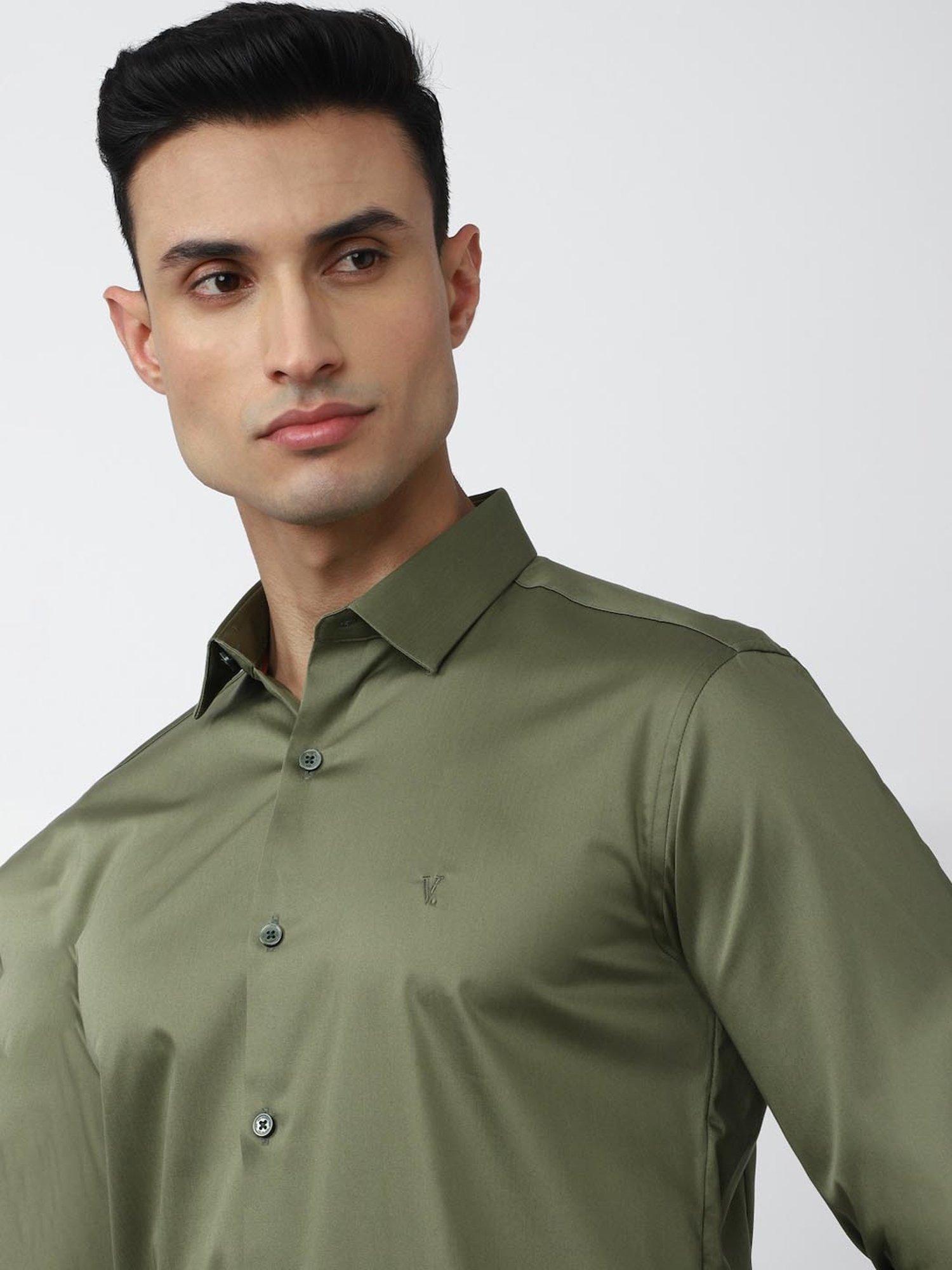 V Dot Green Cotton Slim Fit Shirt