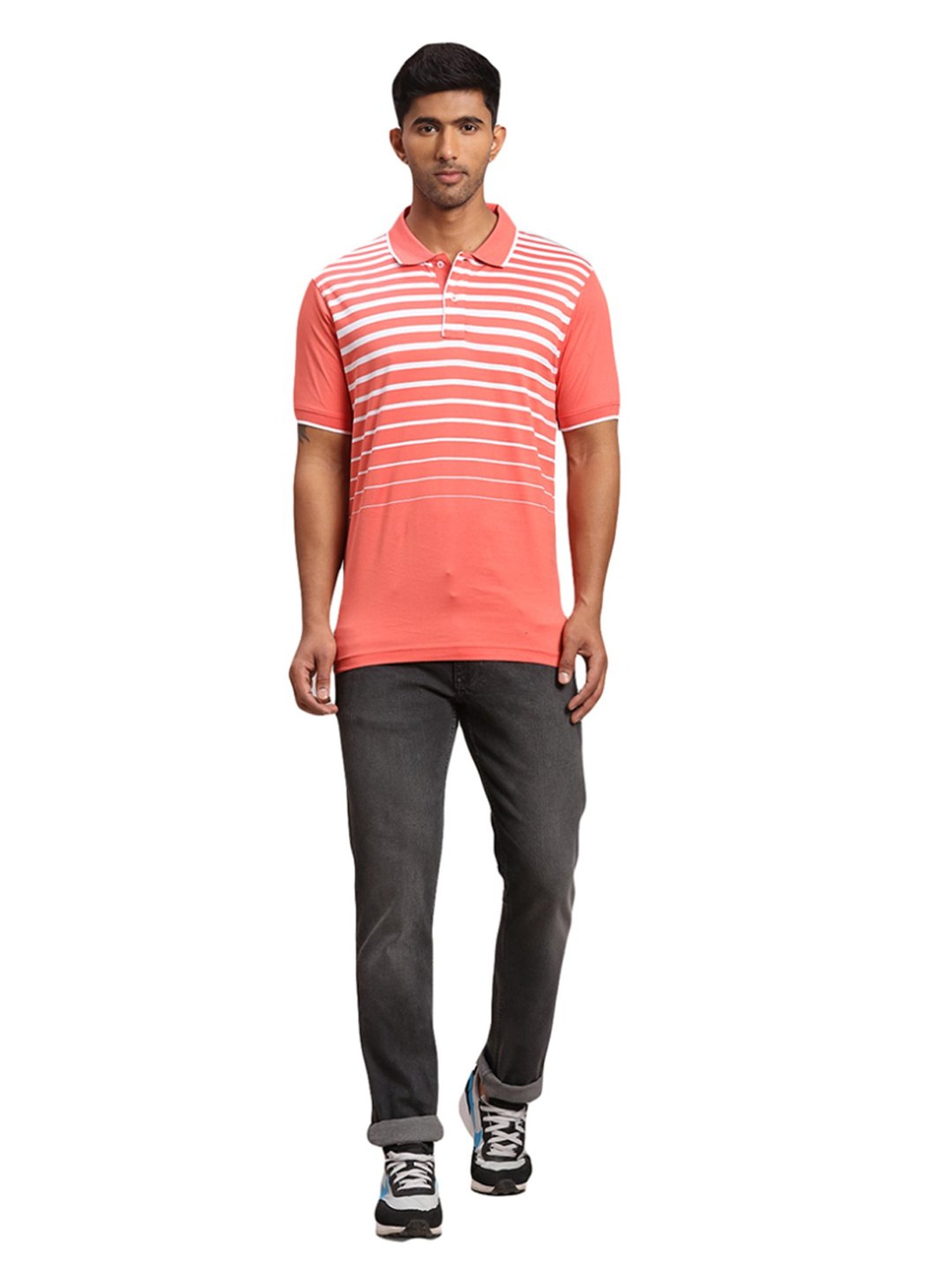 Colorplus Orange Cotton Tailored Fit Striped Polo T-Shirt