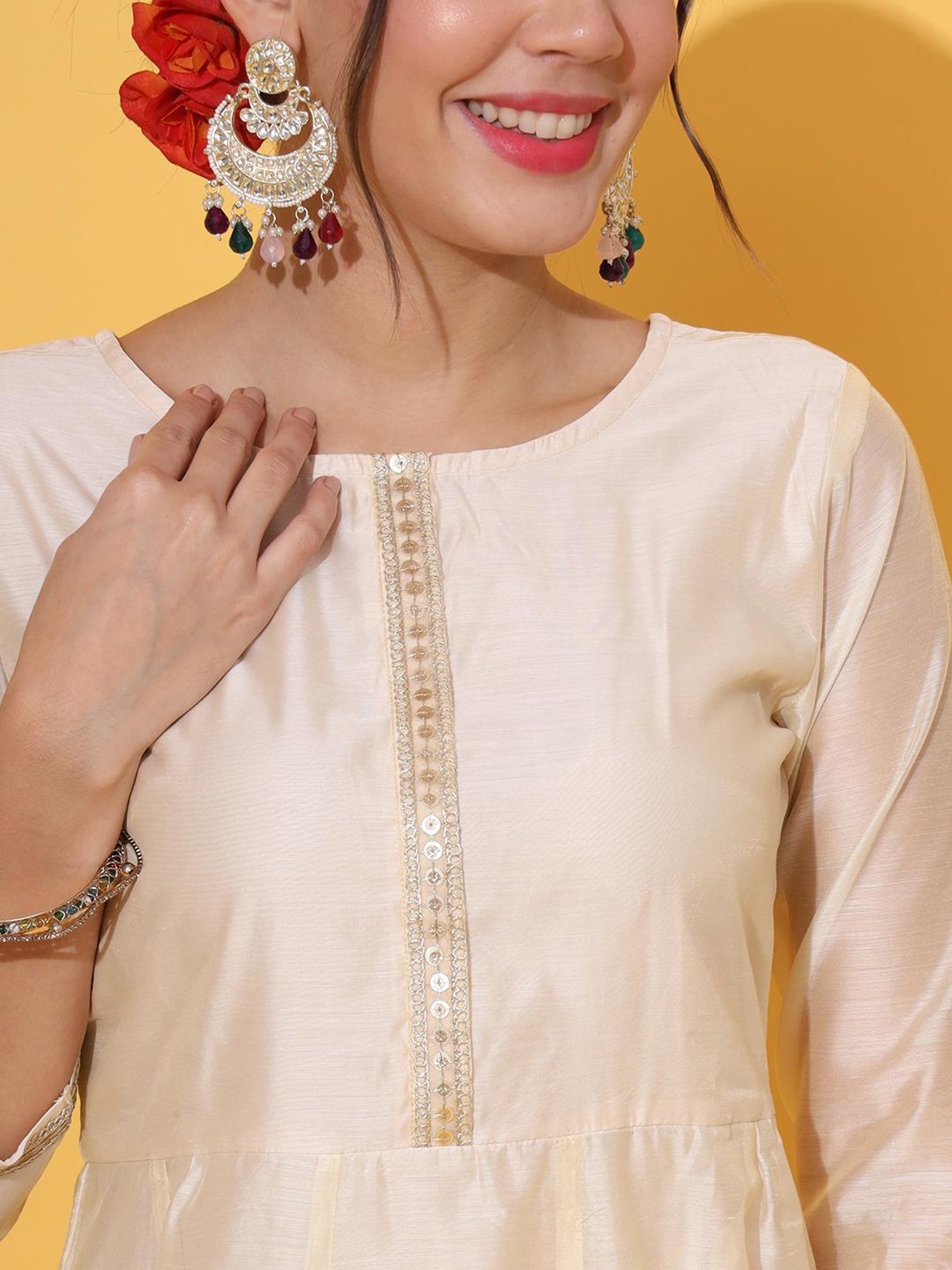 DECKEDUP Cream Embellished Kurta With Pants