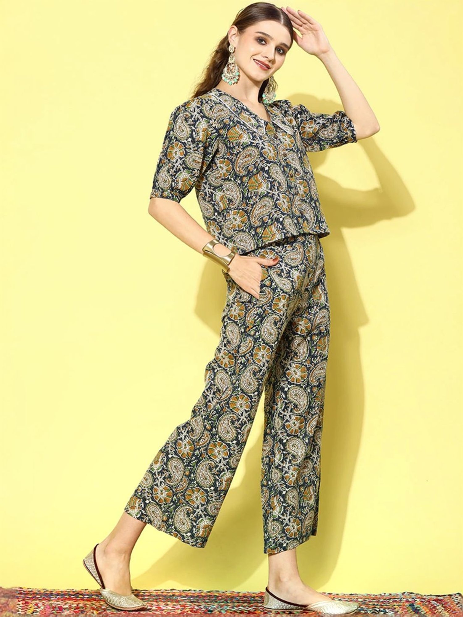 Stylum Yellow & Green Cotton Paisley Print Top & Pants Set