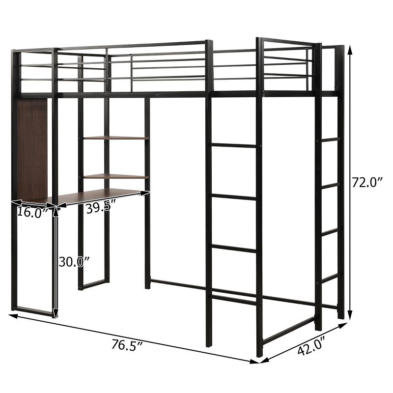 Costway Twin Size Metal Loft Bunk Bed Space-Saving Workstation Loft Bed w/ Bookcase