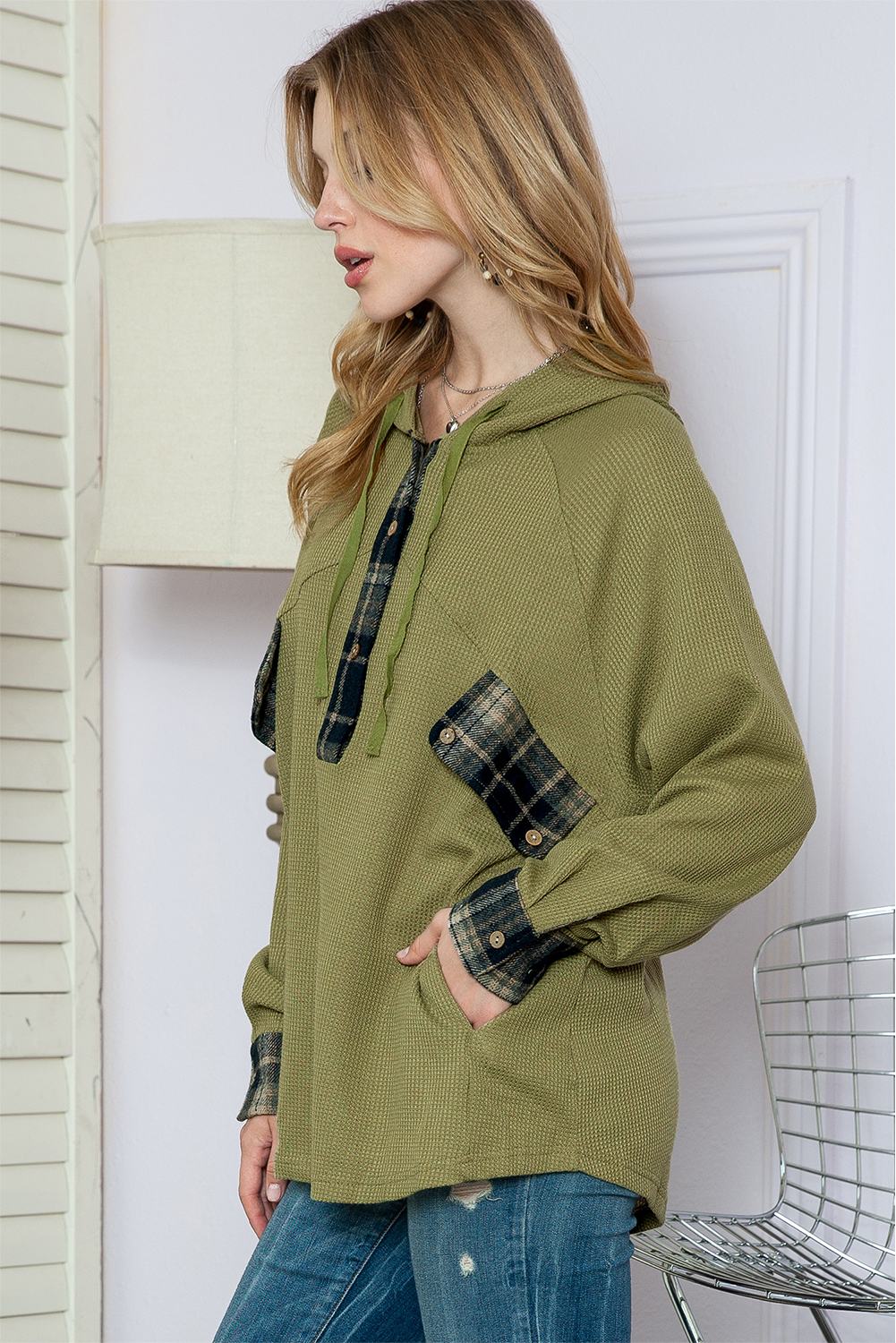 Green Waffle Knit and Flannel Henley Oversized Hoodie