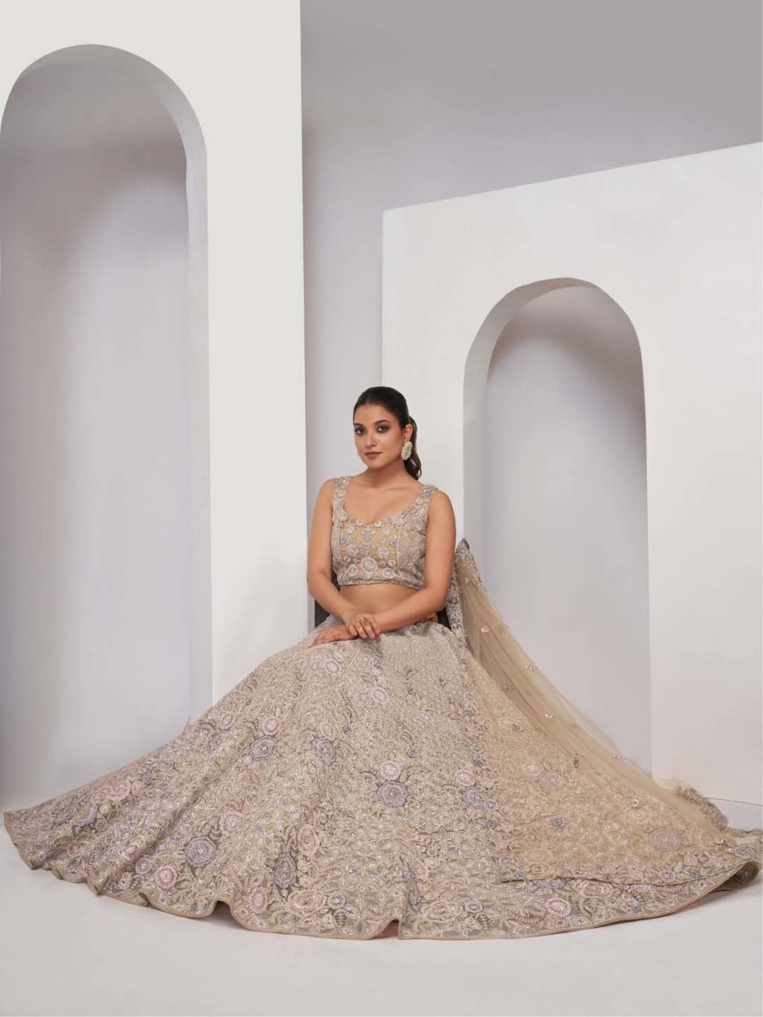 Odette Beige Embroidered Lehenga Choli Set With Dupatta