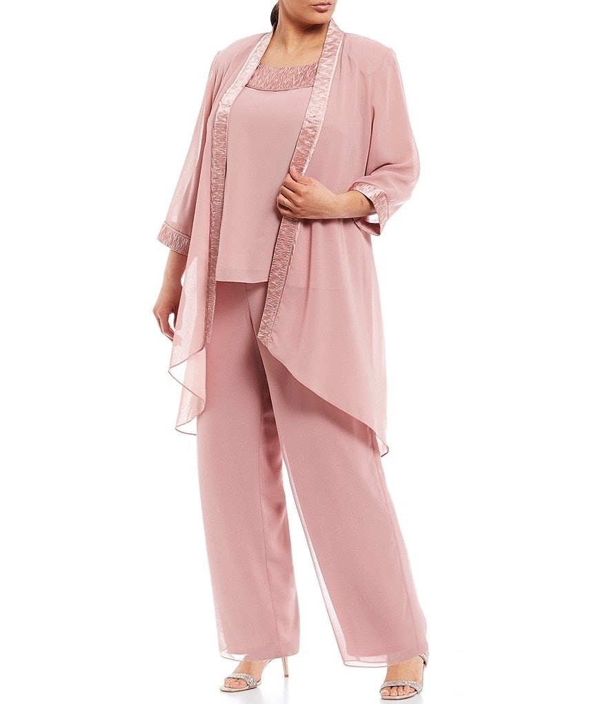Le Bos Plus Scoop Neck 3/4 Sleeve Textured 3-Piece Pant Set