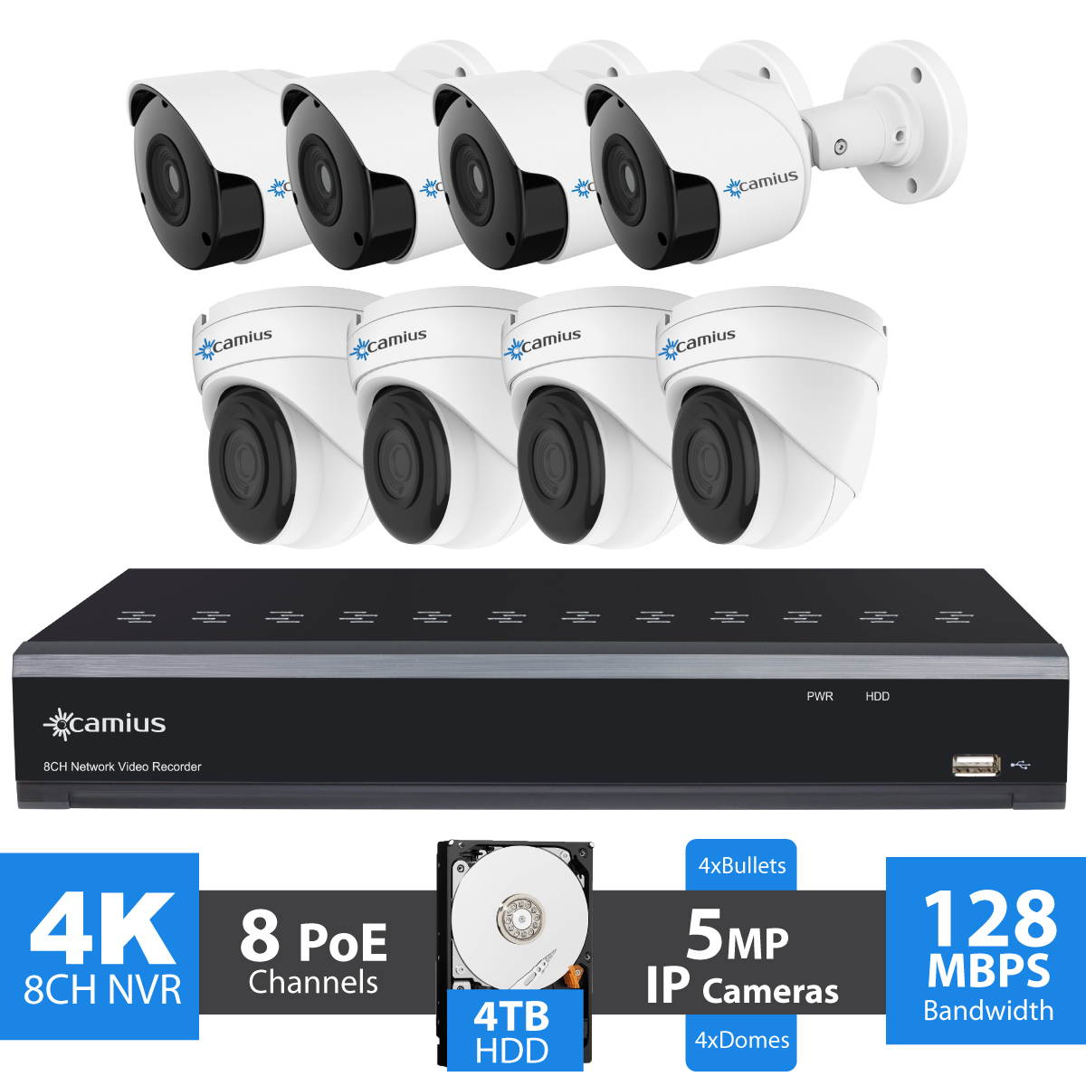 Camius 4K 8 Channel NVR security system with 4TB Hard Drive, 8 x 5MP Dome & Bullet PoE cameras with audio - built-in mic - Wide Angle View, Color Night Vision, Free PC, Mac NVR Software, Mobile App