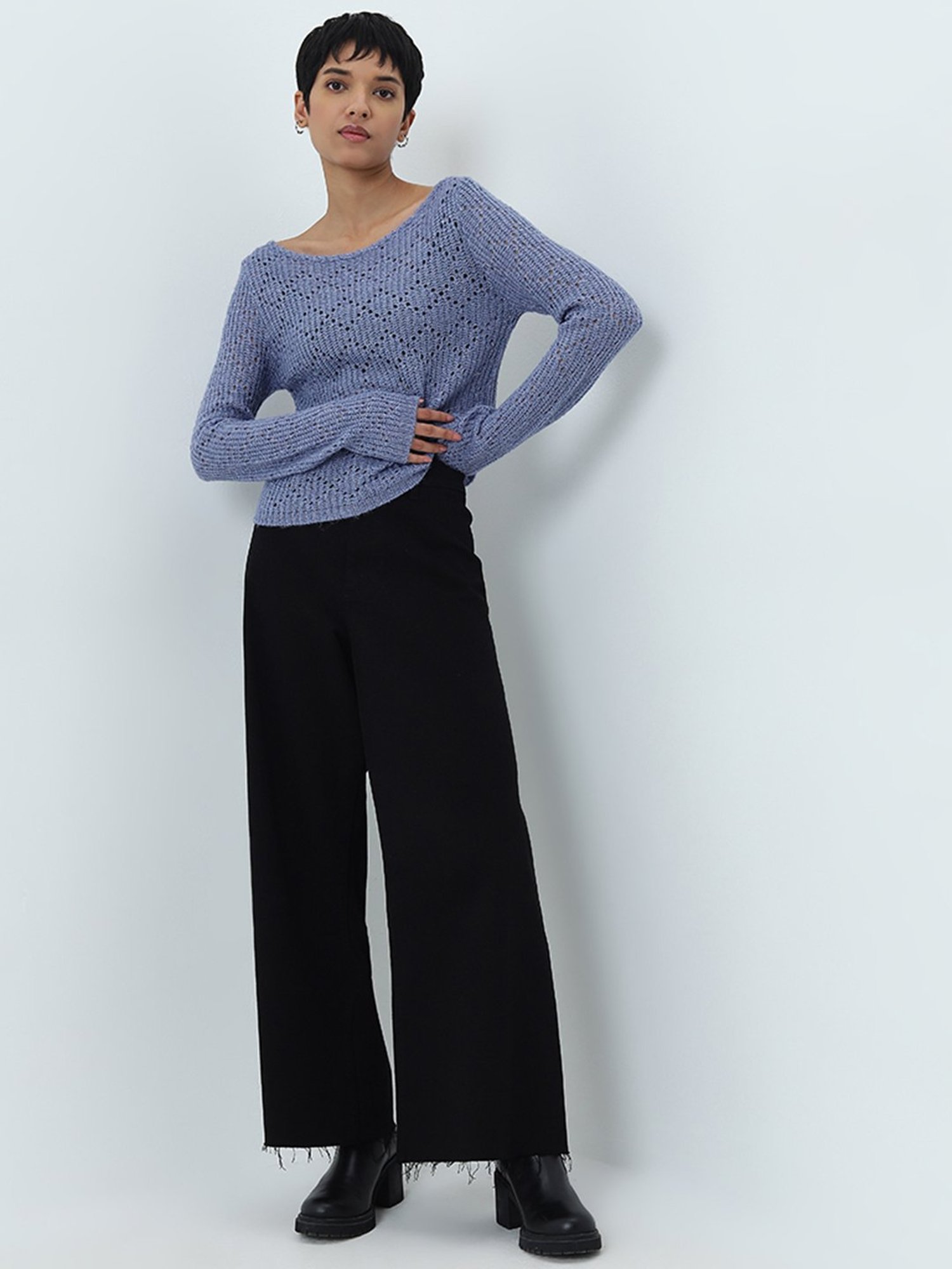 LOV by Westside Blue Knit-Textured Sweater