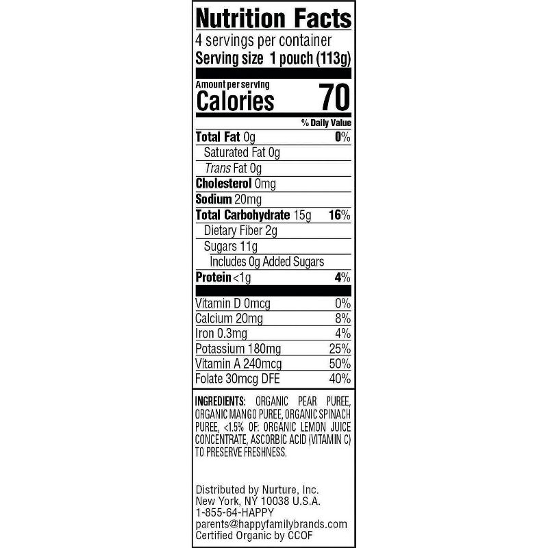HappyBaby 4pk Organic Pears Mangos & Spinach Baby Food Pouch - 16oz