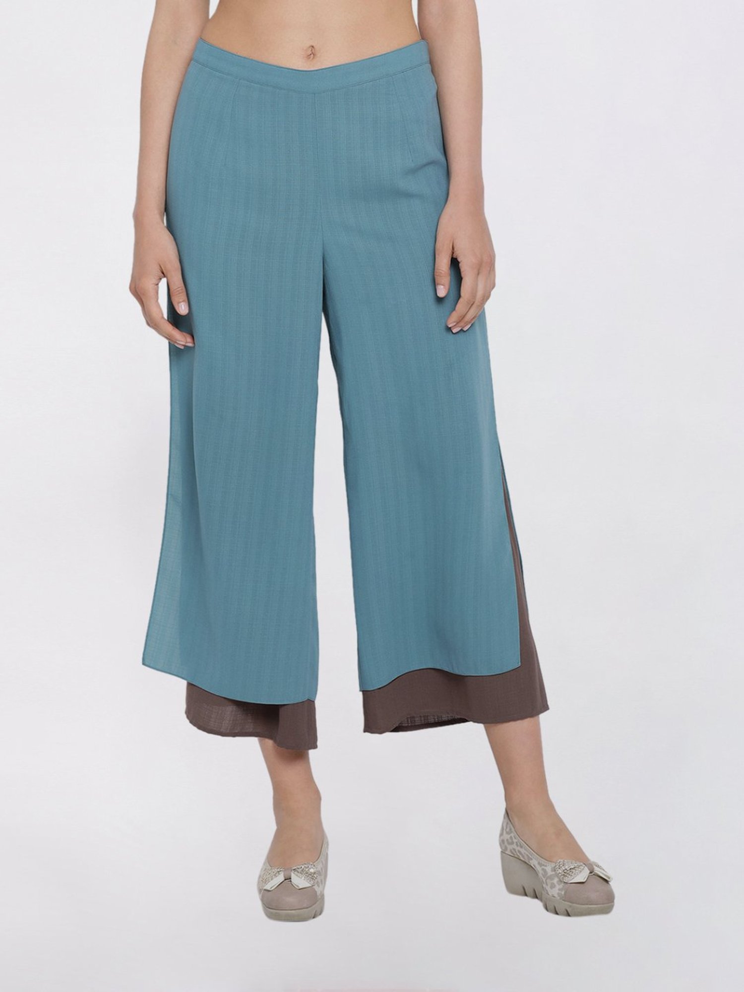 Office & You Teal Blue And Beige Double Layer Palazzo