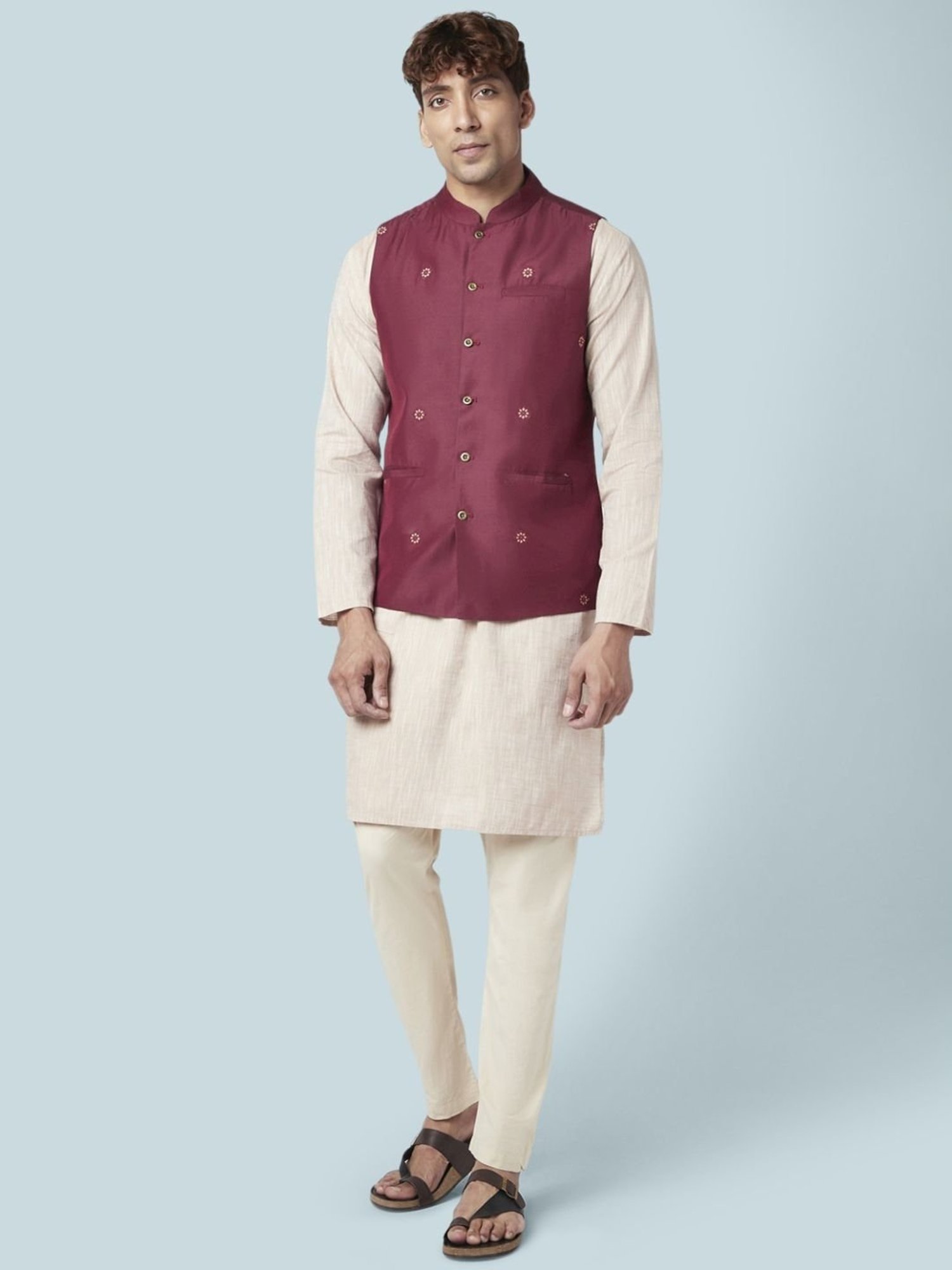 Indus Route By Pantaloons Maroon Regular Fit Embroidered Nehru Jacket