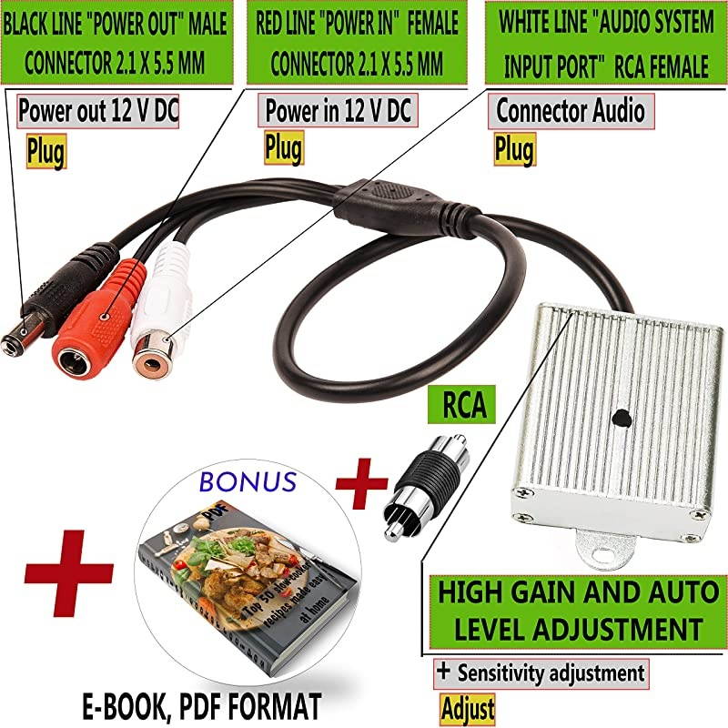 Microphone Security Microphone Audio Outdoor Gift RCA Tiny Surveillance Microphone DVR High Sensitive Preamp Amplified Pickup Device Mic External Camera Sound Waterproof Best Metal Case