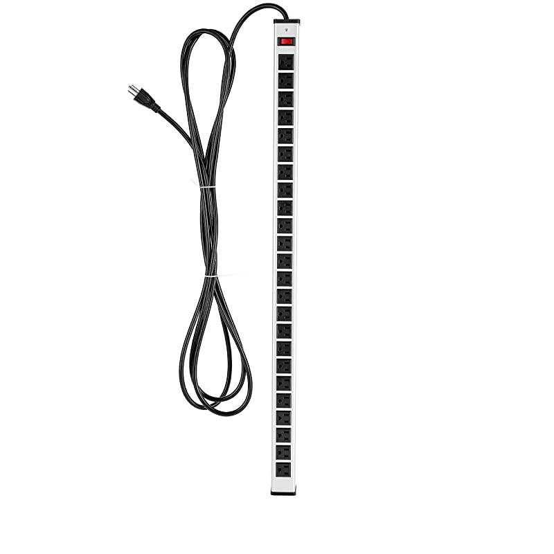 Rack Mount Power Outlet Surge Protector Power Strip 24 Outlet Heavy Duty Multi Plug Outlet Aluminum Socket with Smart Circuit Breaker and 15 Ft Long Cord Silver