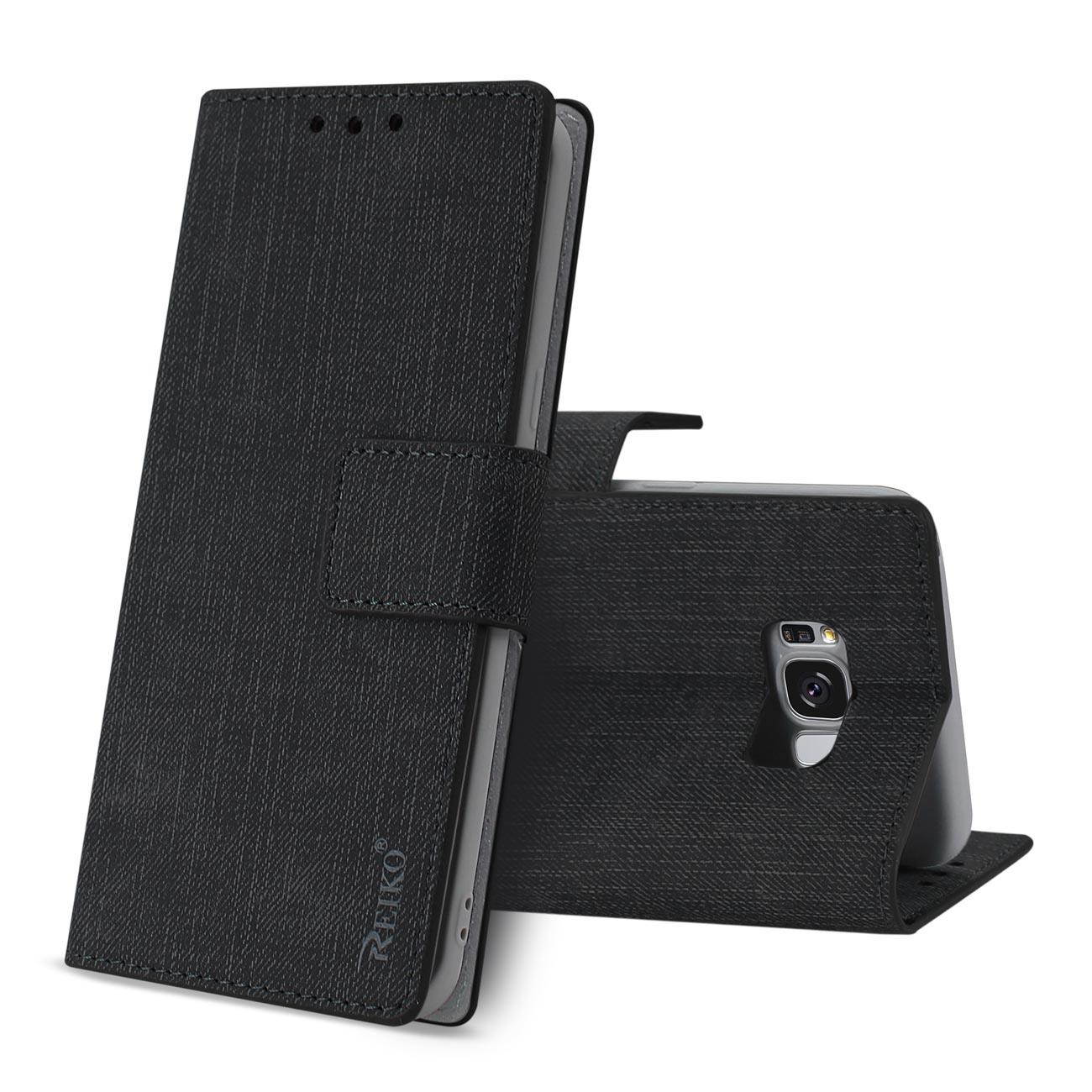 REIKO DENIM WALLET CASE FOR S8 EDGE/ S8 PLUS WITH GUMMY INNER SHELL AND KICKSTAND FUNCTION IN BLACK