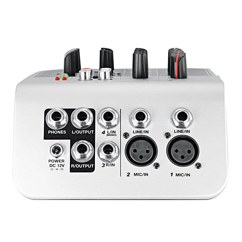 Mixing Console Compact Audio Sound 4Channel Mixer for Condenser Microphone with 48V Phantom Power 2 Band EQ 2way Stereo Line Input RCA InputOutput 4 Band LED Level Indicator NW021A
