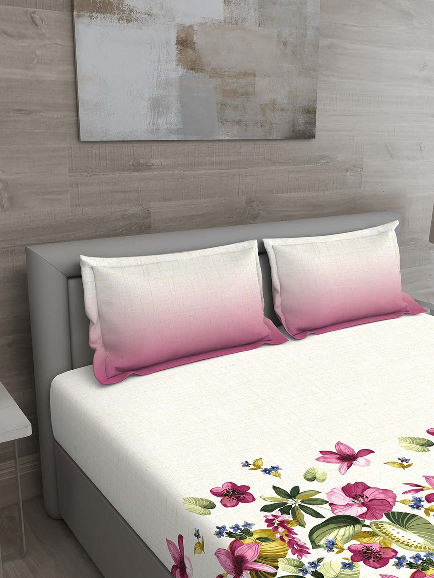 GM Off-White & Pink 100% Cotton 144 TC Queen Bedsheet Set