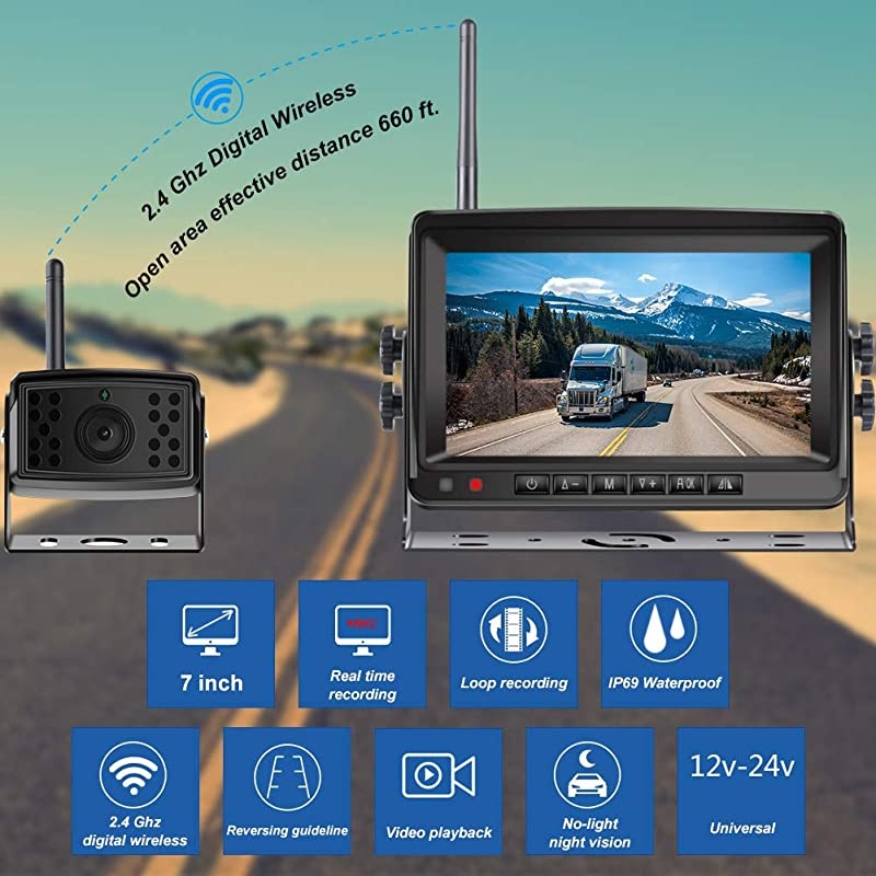 Digital Wireless Backup Camera Kit  Upgrade HD Observation System 7 inch Builtin DVR Monitor and Night Vision IP69 Waterproof Rear View Camera for Truck Trailer RV Pickup Van Bus Farm