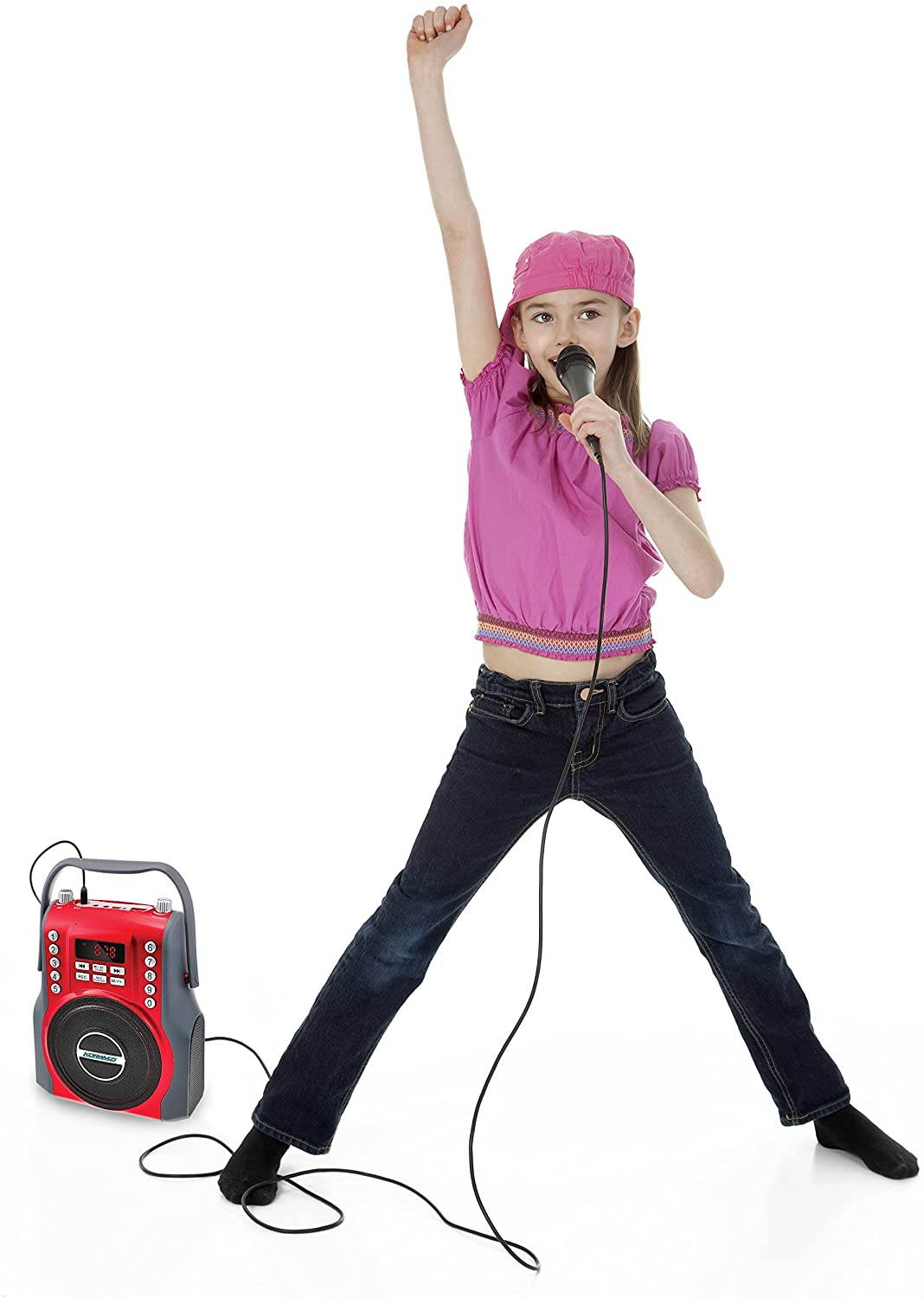 KORAMZI Karaoke Portable Rechargeable Boombox with BluetoothUSBSD FM Radio AUX in 3.5 mm Audio Jack Bluetooth Call Answering Electric Guitar Audio Input MIC Jack KS-200RD (Red)