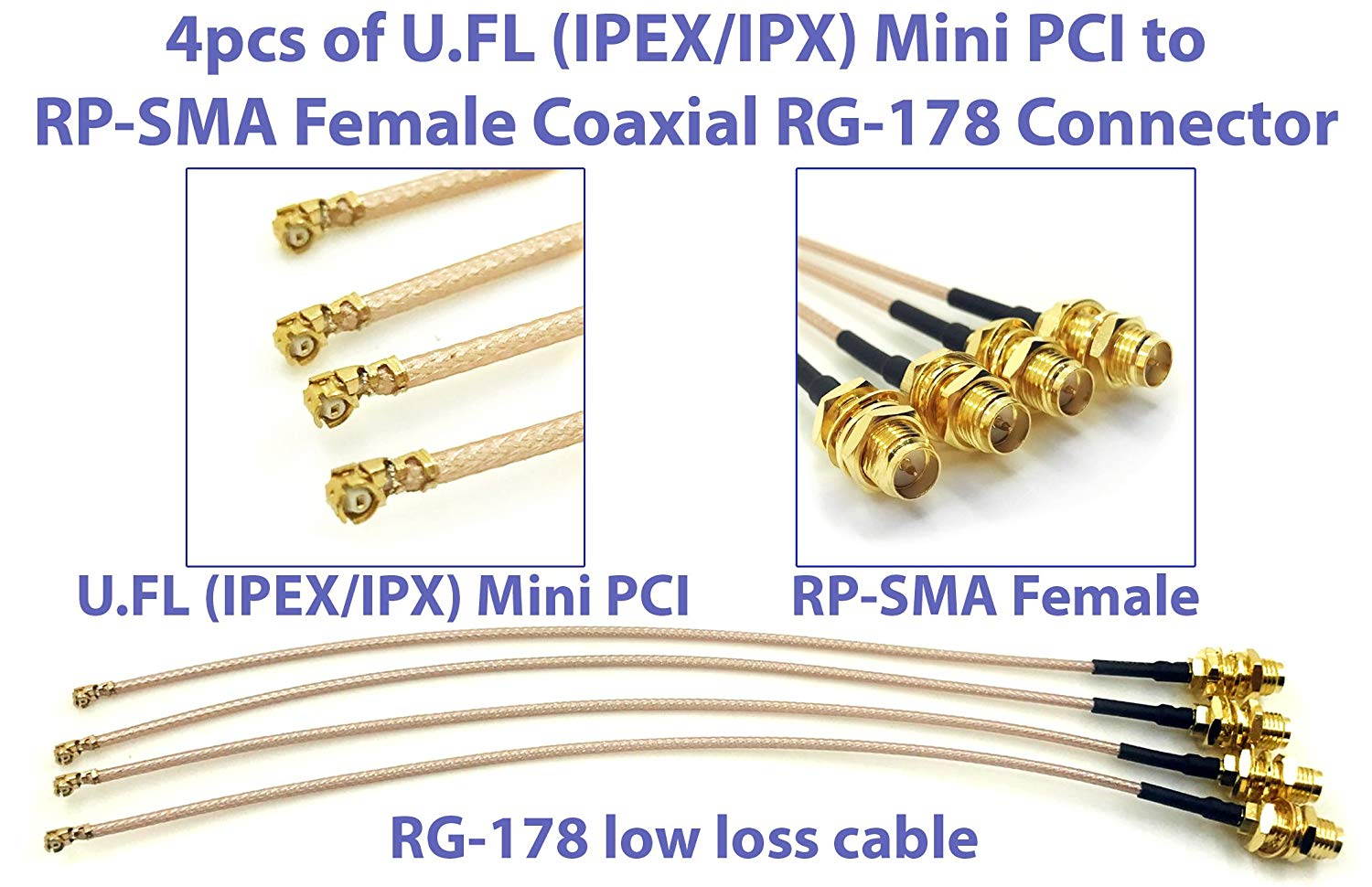 Pack of 4 RF U.FL(IPEX/IPX) Mini PCI to RP-SMA Female Pigtail Antenna Wi-Fi Coaxial RG-178 Low Loss Cable (4 inches (10 cm))