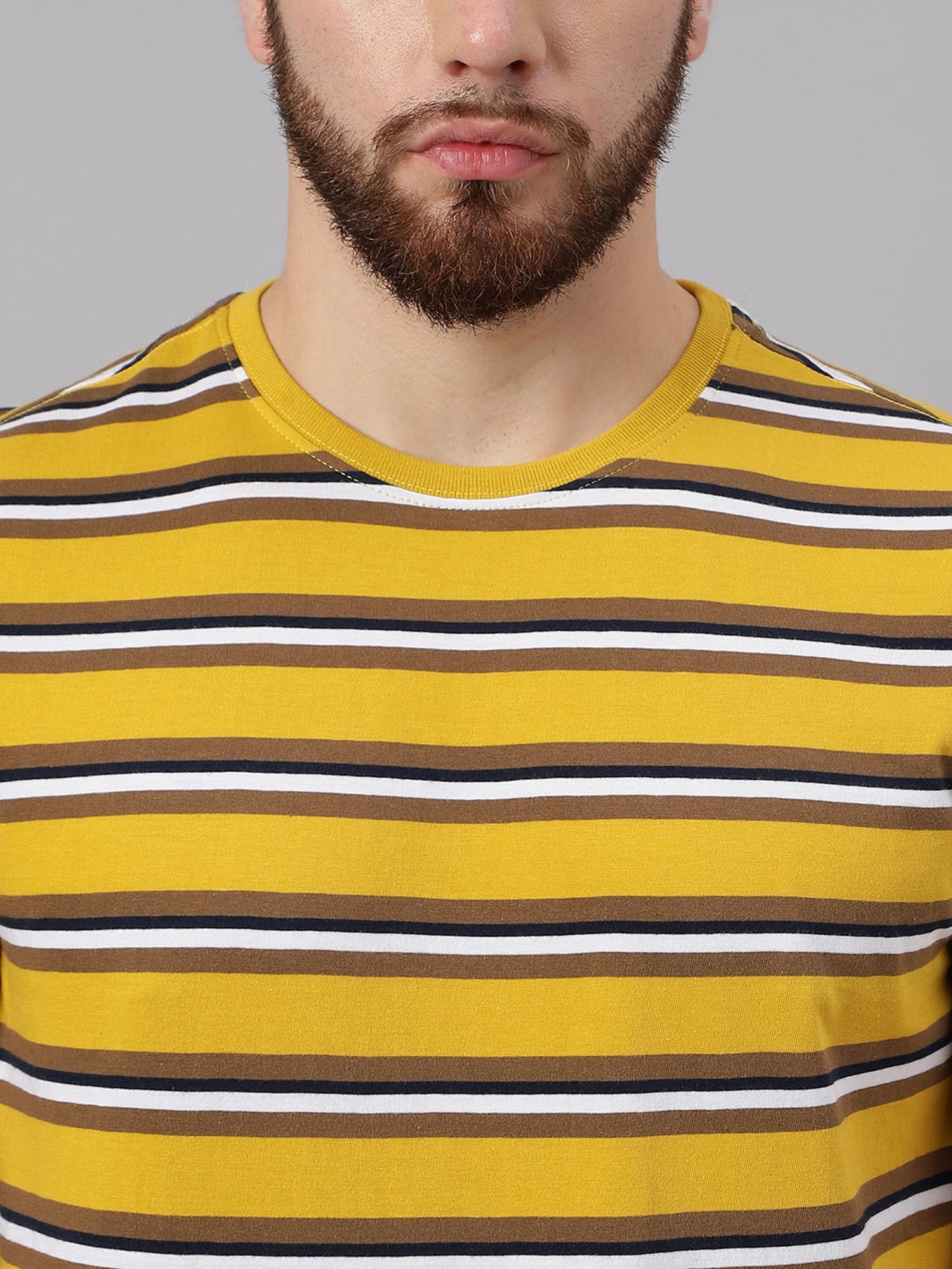 Woodland Mustard Cotton Regular Fit Striped T-Shirt