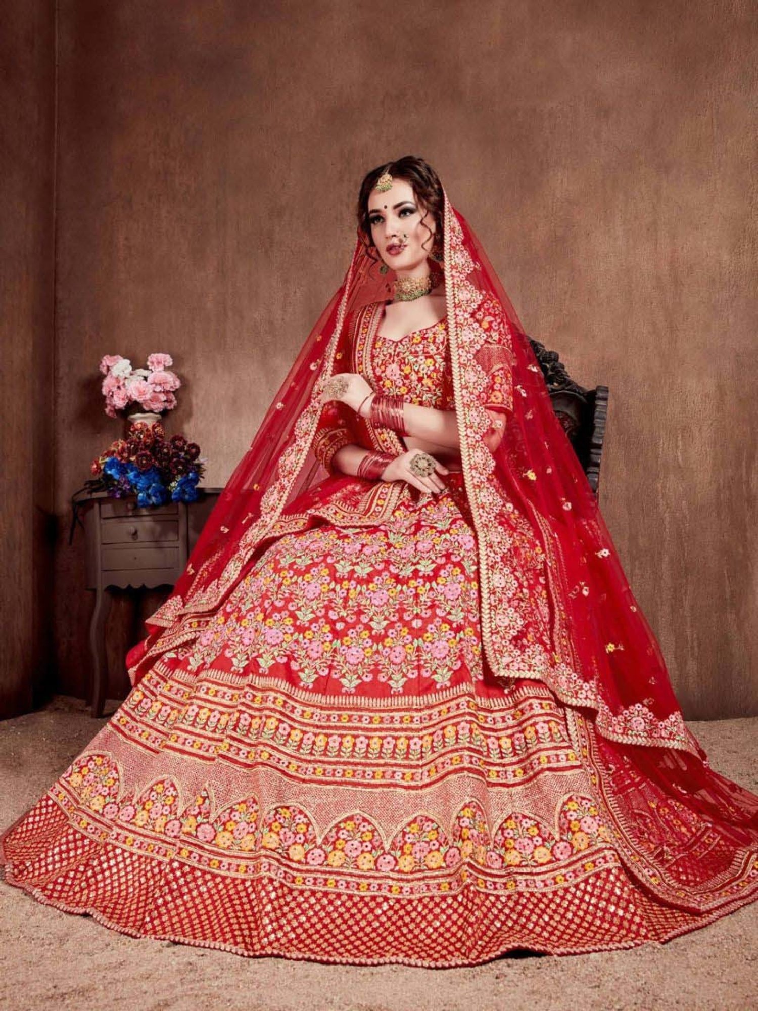 Odette Red Embroidered Lehenga Choli Set With 2 Pack of Dupatta