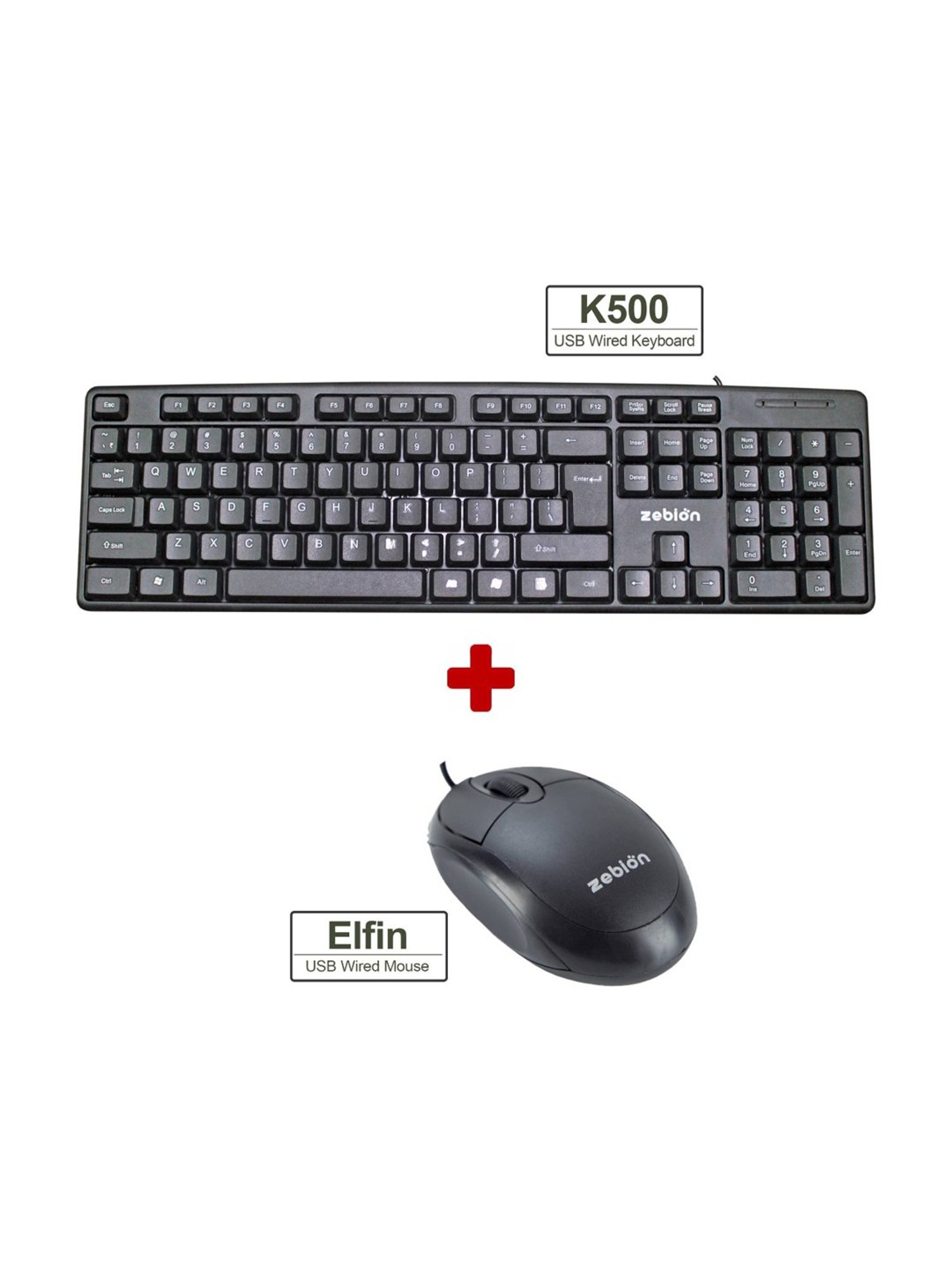Zebion K500 Wired USB Desktop Keyboard & Elfin Mouse Combo (Black)