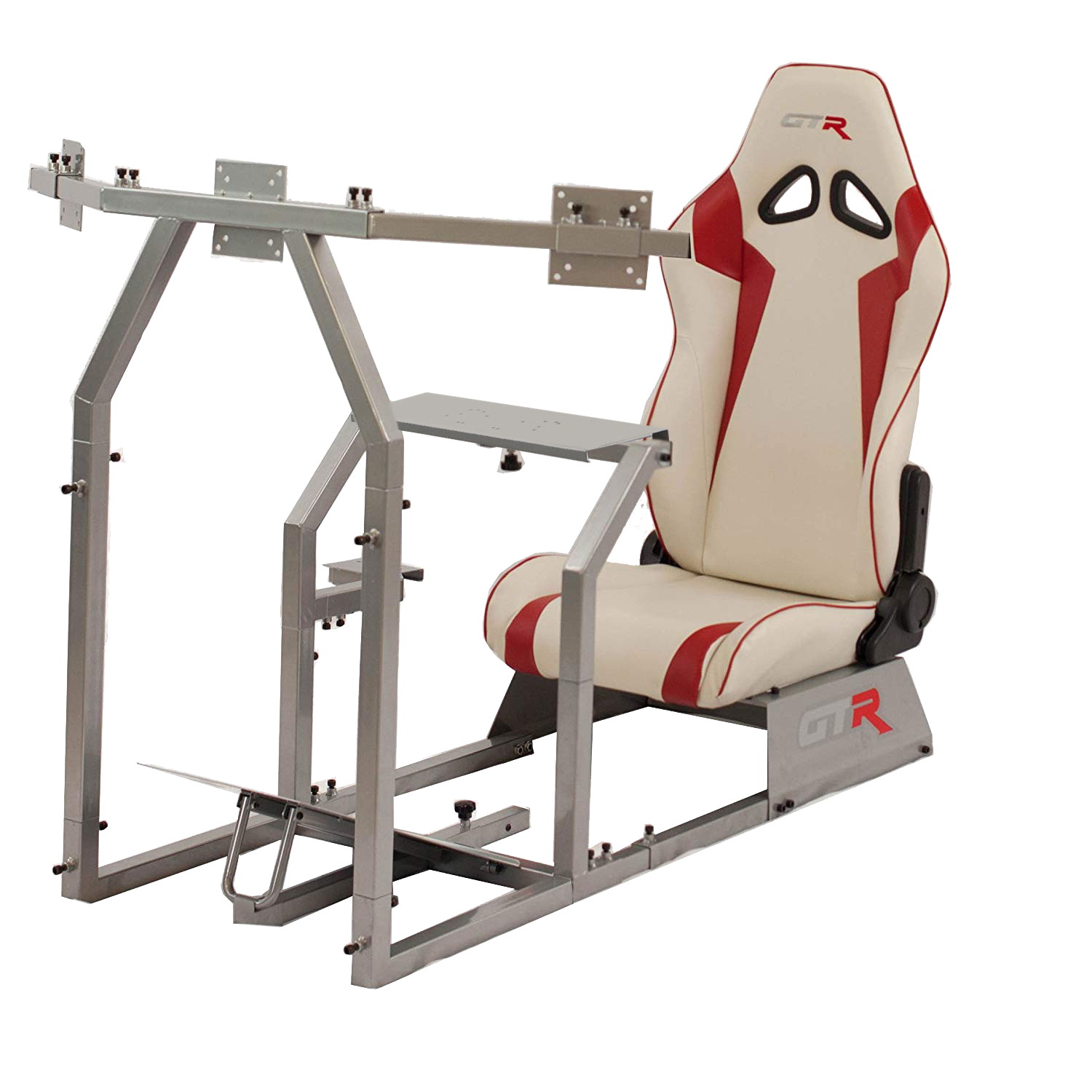 GTR Racing Simulator GTAF-S-S105LBKRD - GTA-F Model (Silver) Triple or Single Monitor Stand with Black/Red Adjustable Leatherette Seat, Racing Simulator Cockpit gaming chair Single Monitor Stand
