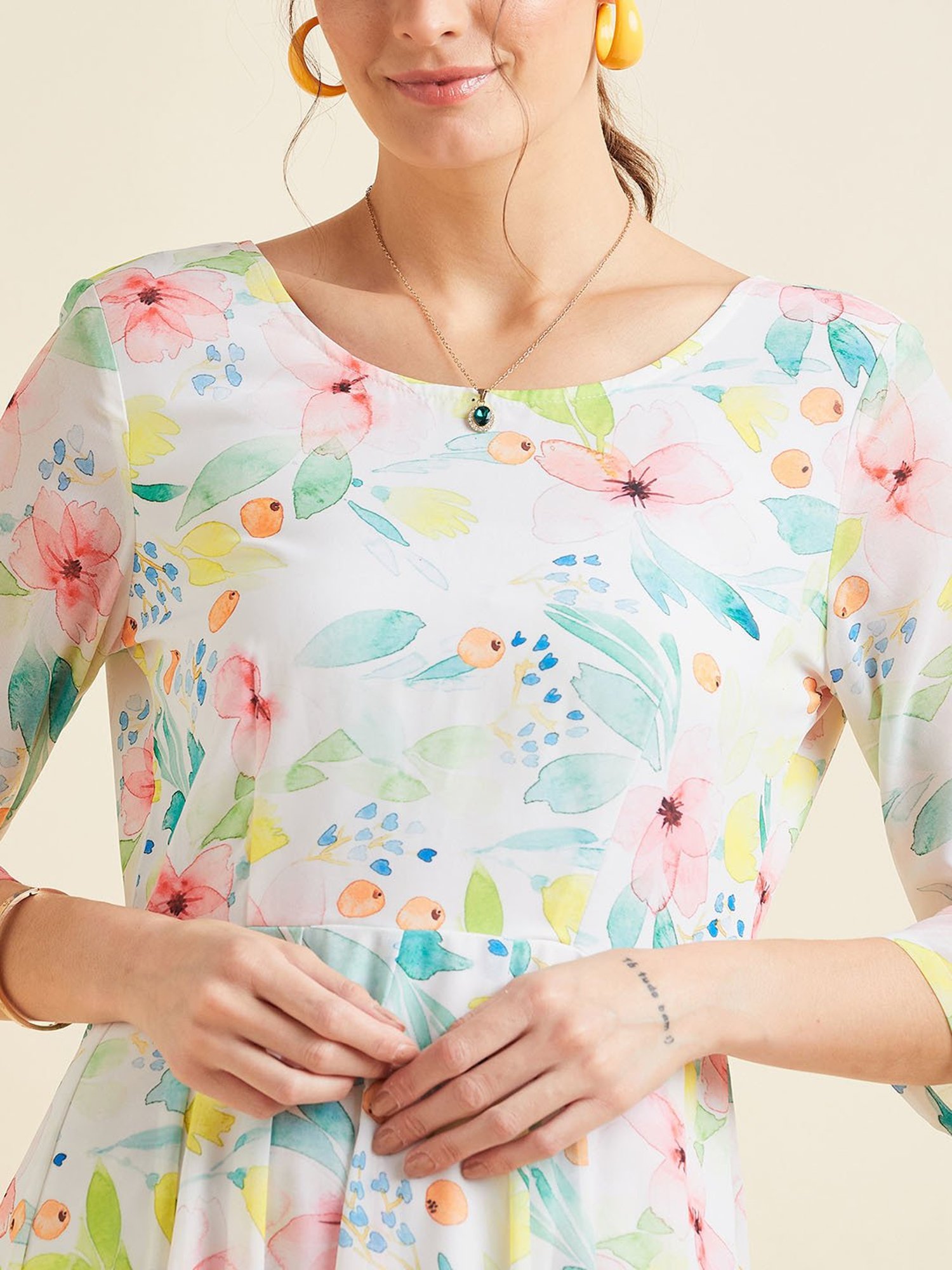 PANIT White Floral Print Ethnic Dress