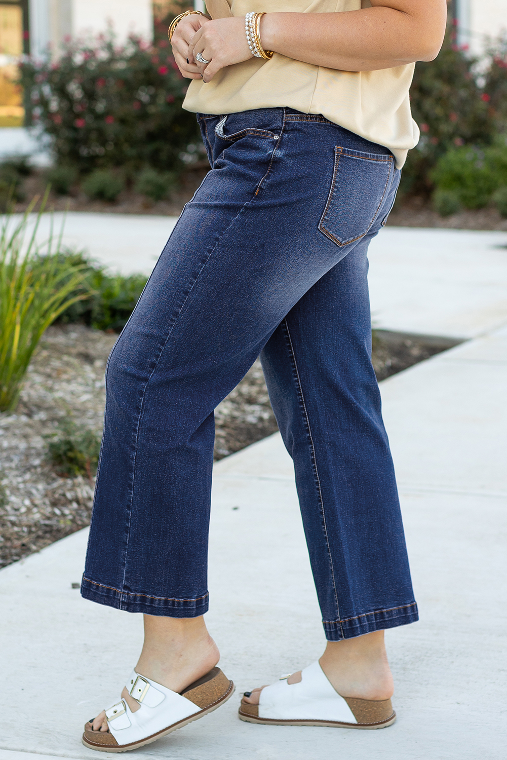 Dark Blue Plus Size Stitching Washed Flare Jeans