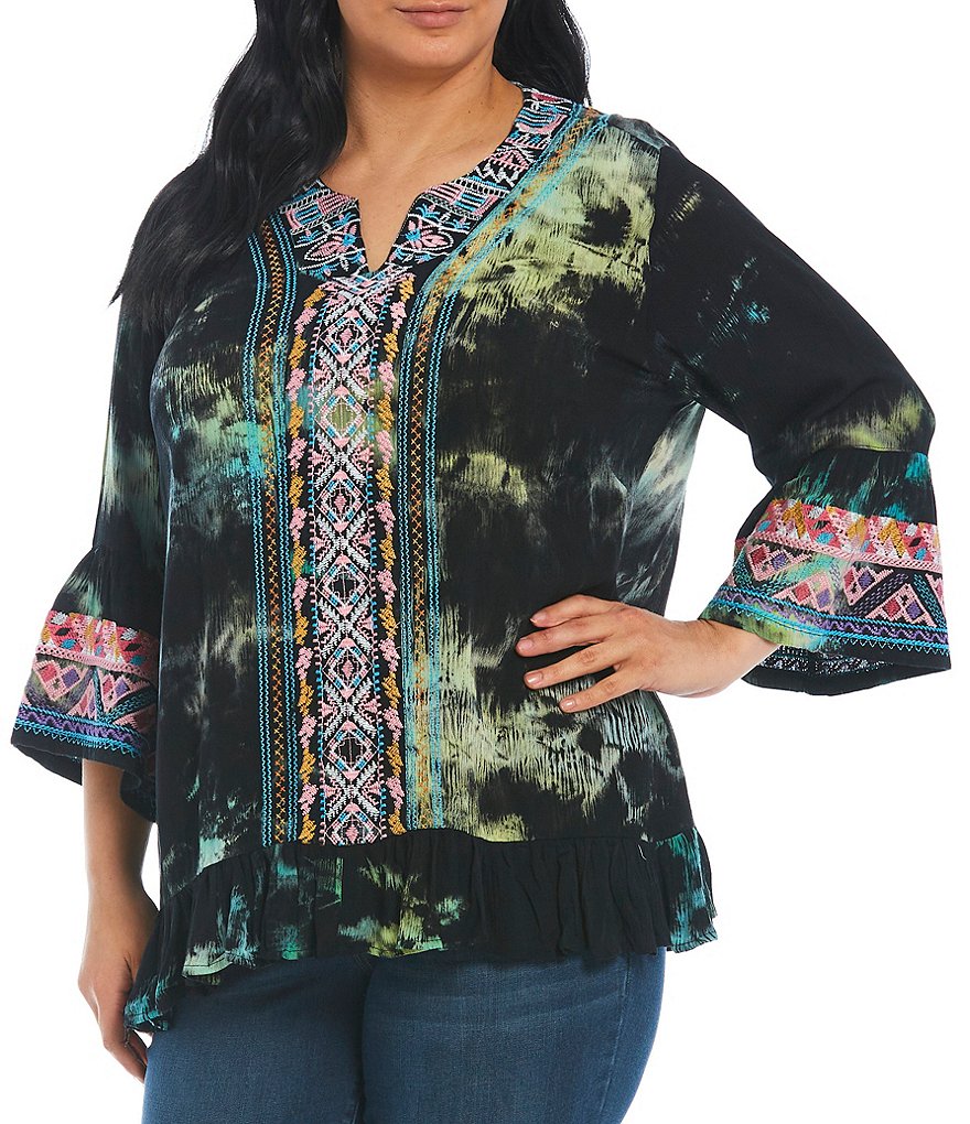 Calessa Plus Size Split Round Neck 3/4 Bell Sleeve Tie Dye Embroidery Tunic