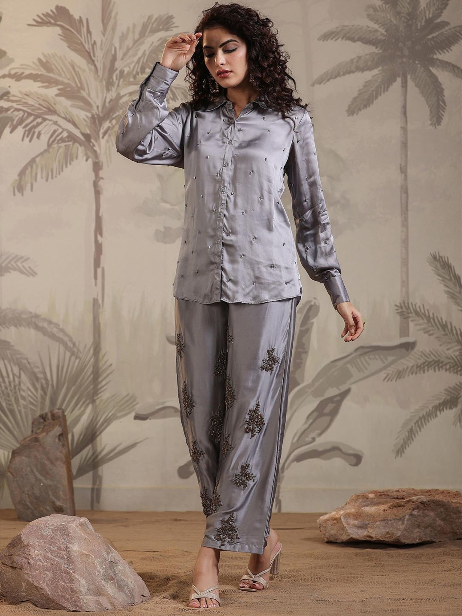 SCAKHI Grey Embellished Shirt & Pant Set