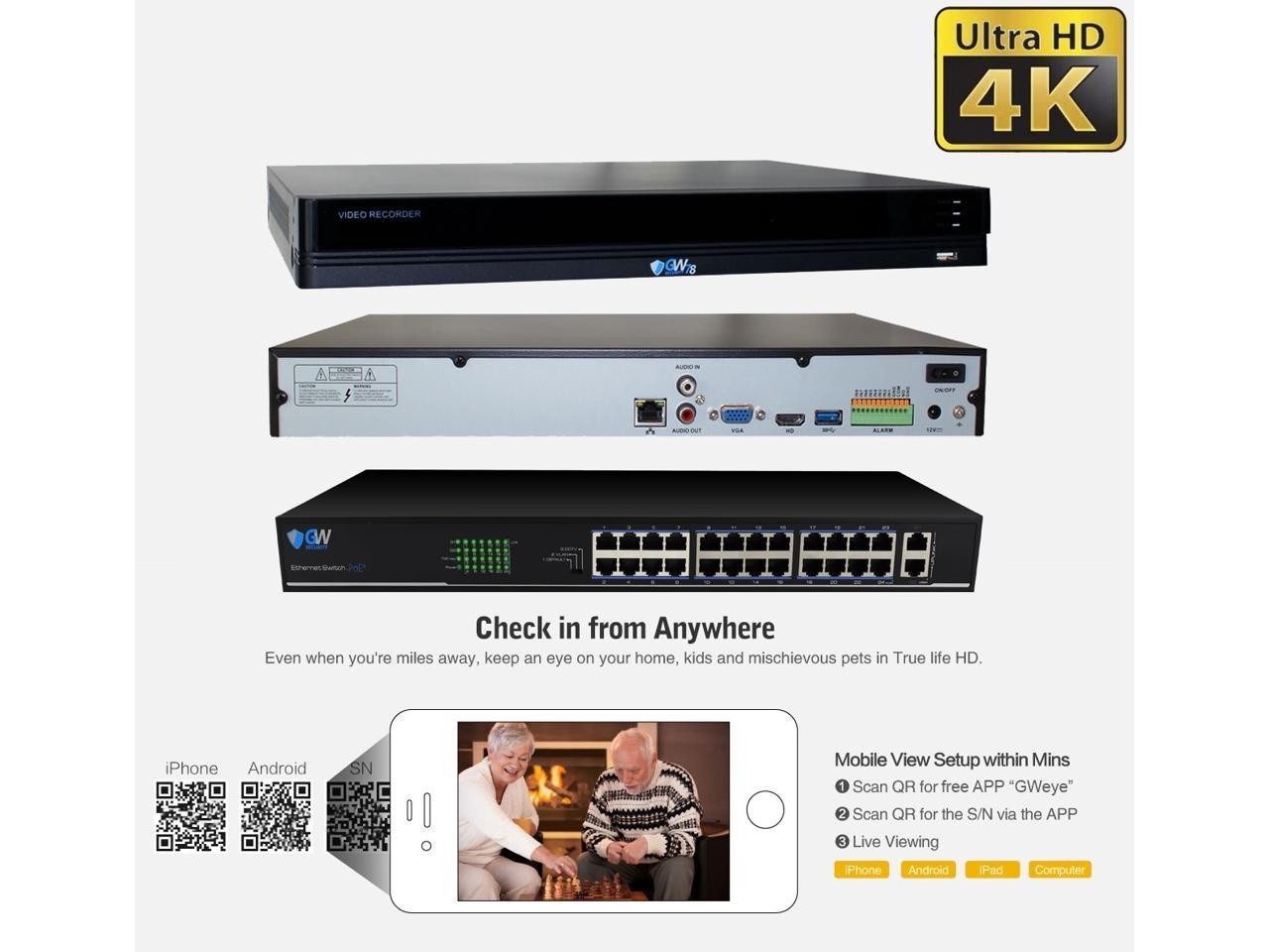 GW Security 8 Channel 15 Smart AI Functions Ultra HD 4K (8MP) Video & Audio Spotlight Color Night Vision Turret PoE IP Security Camera System (4 Cameras)