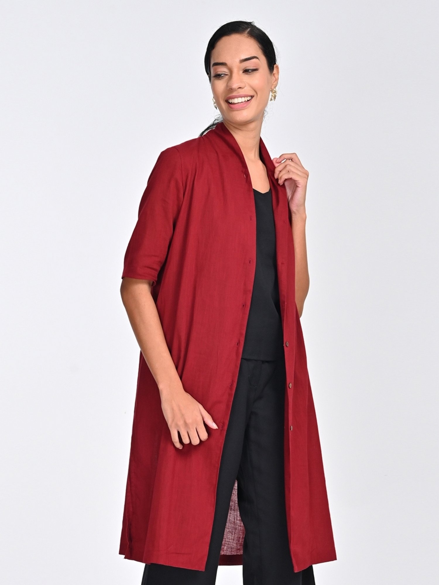 Saltpetre Women Organic Cotton Solid Draped Neck Collar Long Shirt