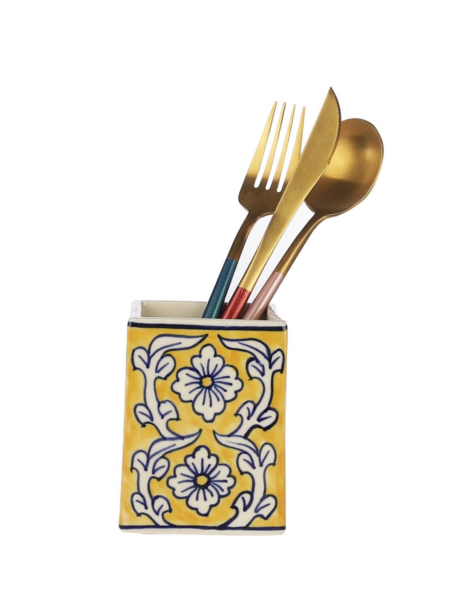 VarEesha Yellow Wood Square Cutlery Holder - Set of 1