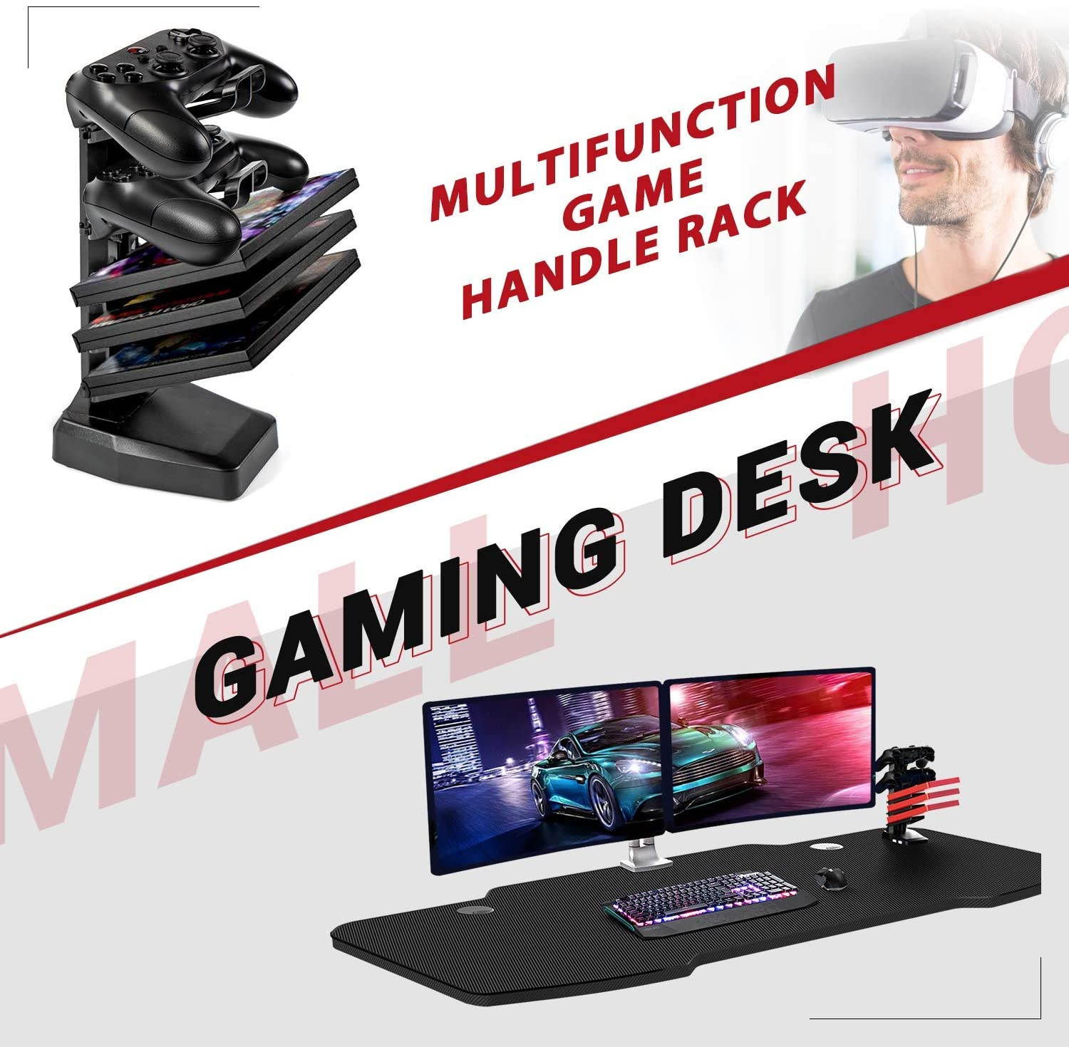 Homall 55 Inch Ergonomic Gaming Desk PC Computer Desk Home Office Table T-shaped Frame Table for Pressional Game Lover with Free Mouse Pad, Headphone Hook, Game Handle Rack and Cup Holder (Red)
