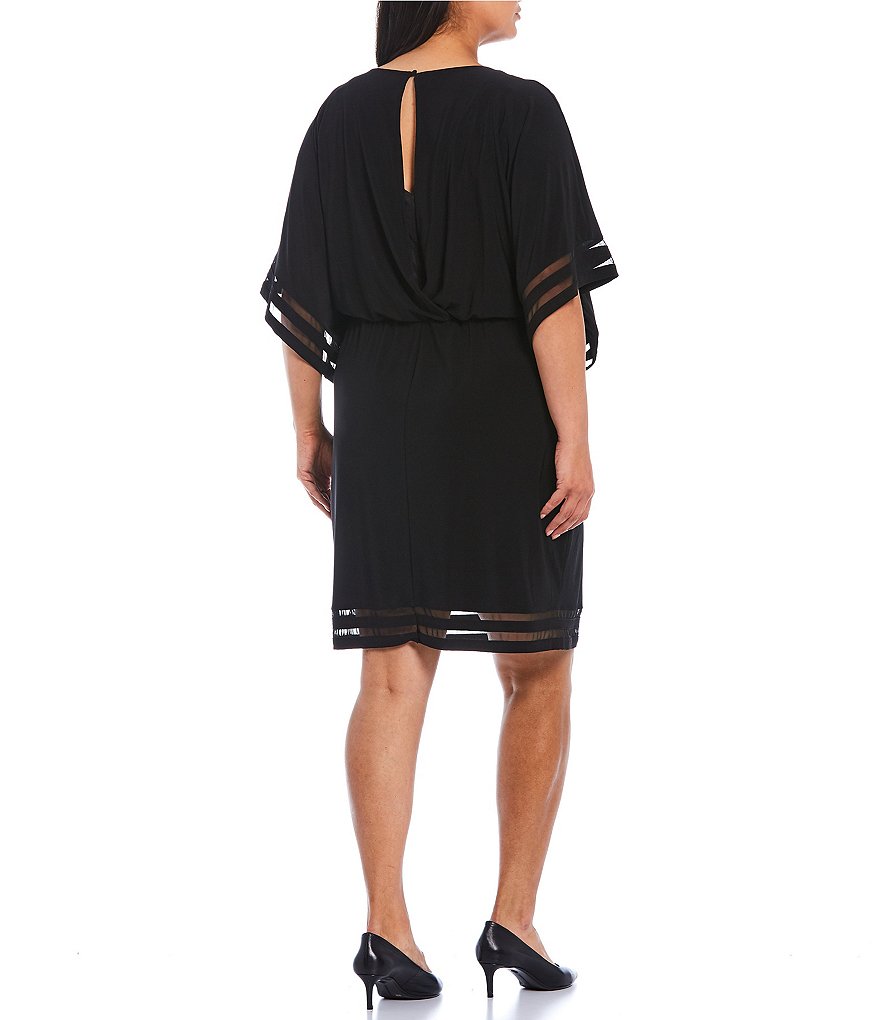 Jessica Howard Plus Size Jewel Neck Dolman 3/4 Sleeve Illusion Band Blouson Dress