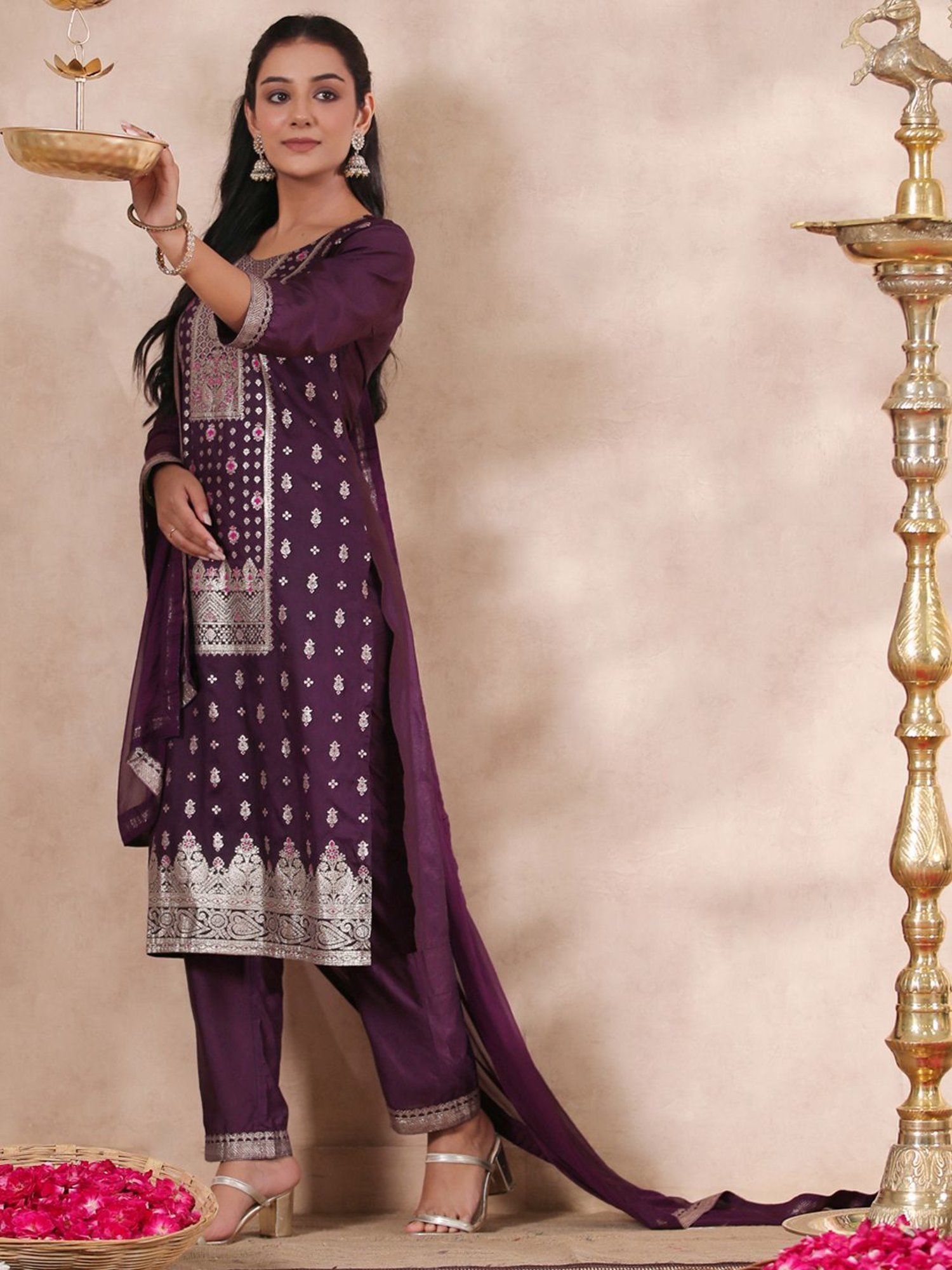Ishin Purple Woven Pattern Kurta Pant Set With Dupatta