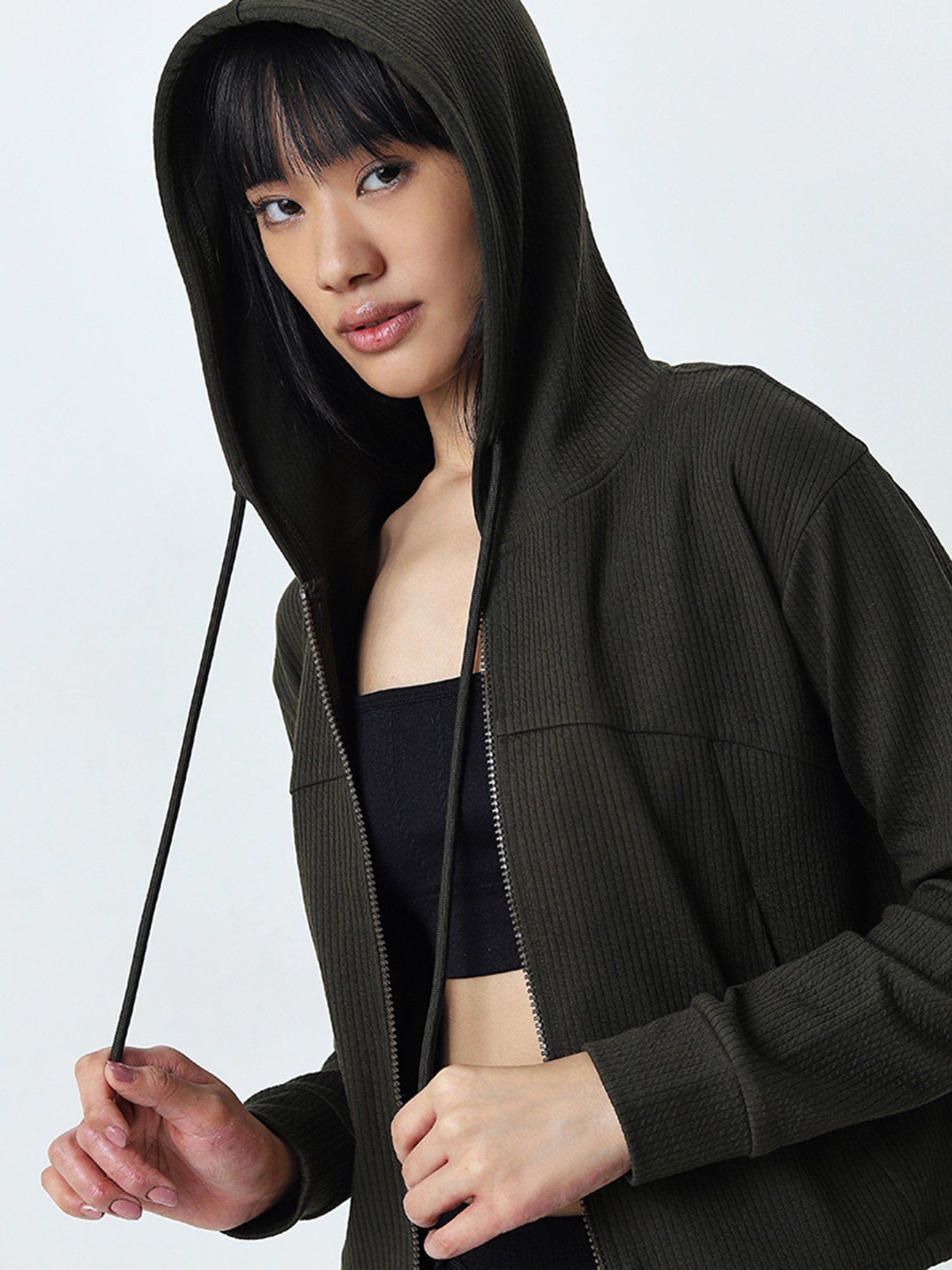 Studiofit by Westside Olive Ribbed Hoodie Jacket