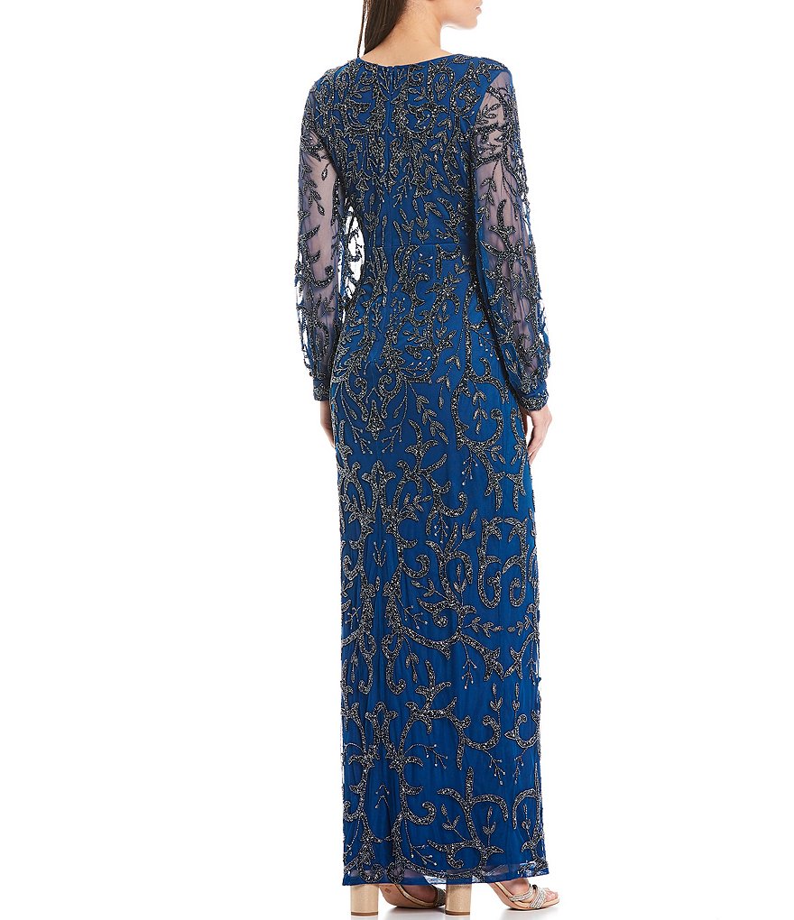 Aidan Mattox Plunge V-Neck Long Illusion Balloon Sleeve Beaded Mesh Side Slit Gown
