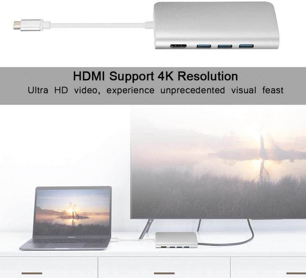 Zerone USB C to HDMI Adapter 3 in 1 USB C Adapter Multiport USB-C Hub, ype-c to Hub (3 x USB3.0)+ HDMI 4K + RJ45 Gigabit LAN + PD Charging + SD/TF Card Reader Silver