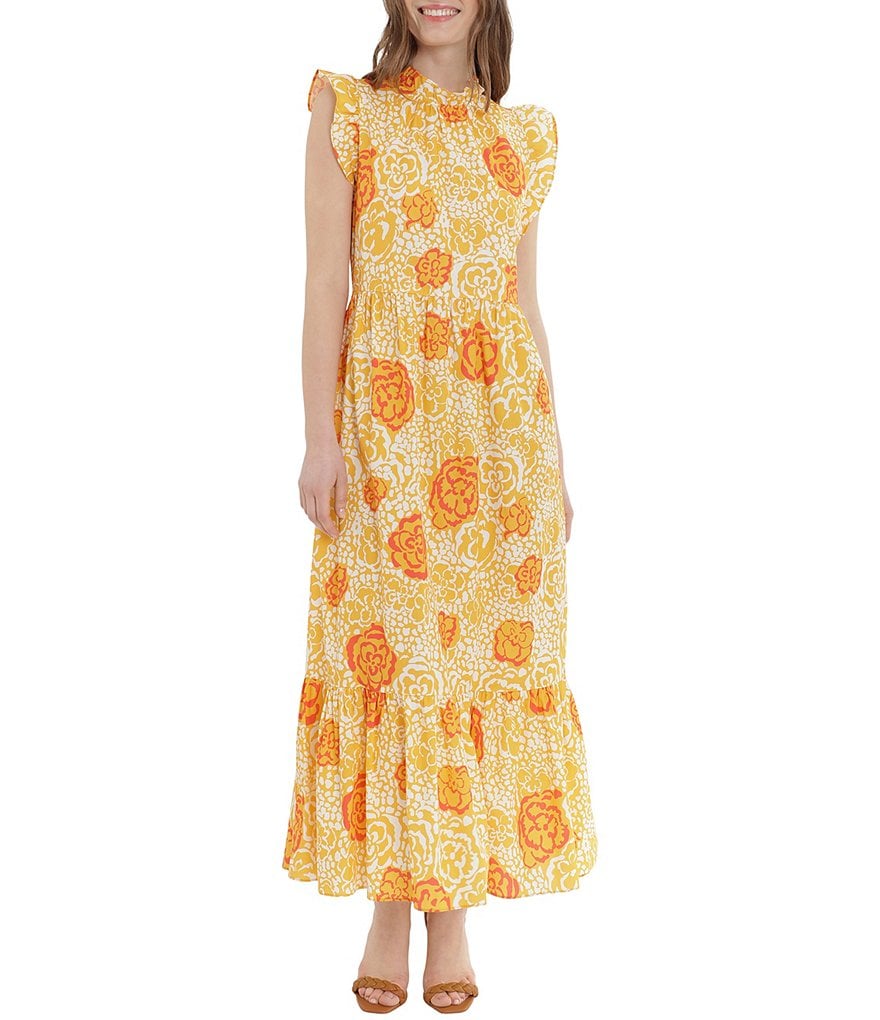Donna Morgan Floral Cotton Ruffle Hem Crew Neck Maxi Dress