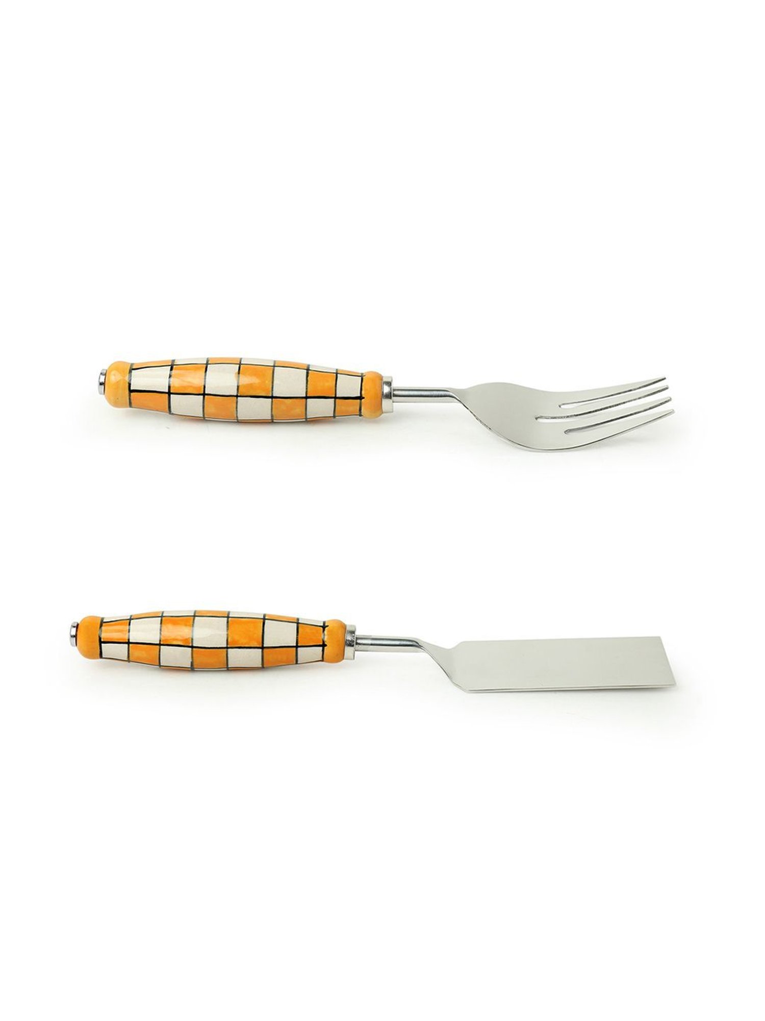ExclusiveLane 'Shatranj Check' Hand-Painted Serving Fork & Scraper Cutlery Set (Set of 2)