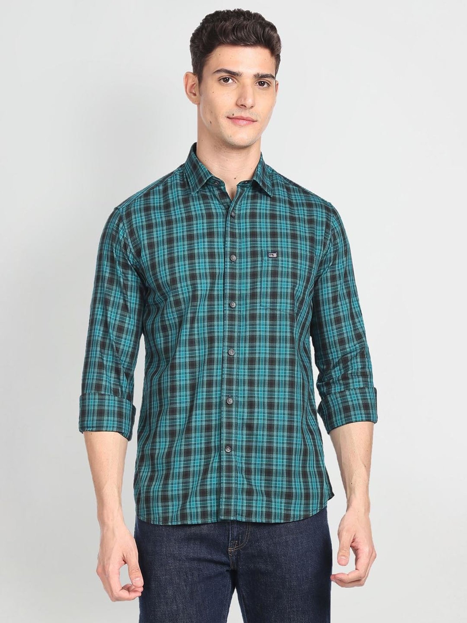 Arrow Sport Green Cotton Slim Fit Checks Shirt