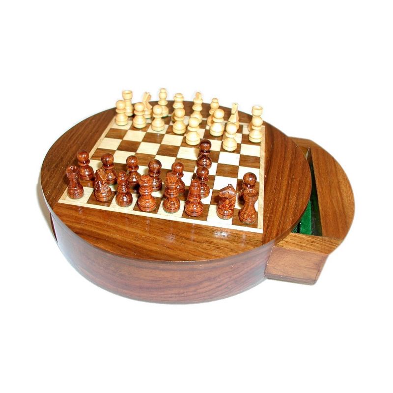 6" Magnetic Round Wood Inlaid Chess Game Set with Slide Drawer