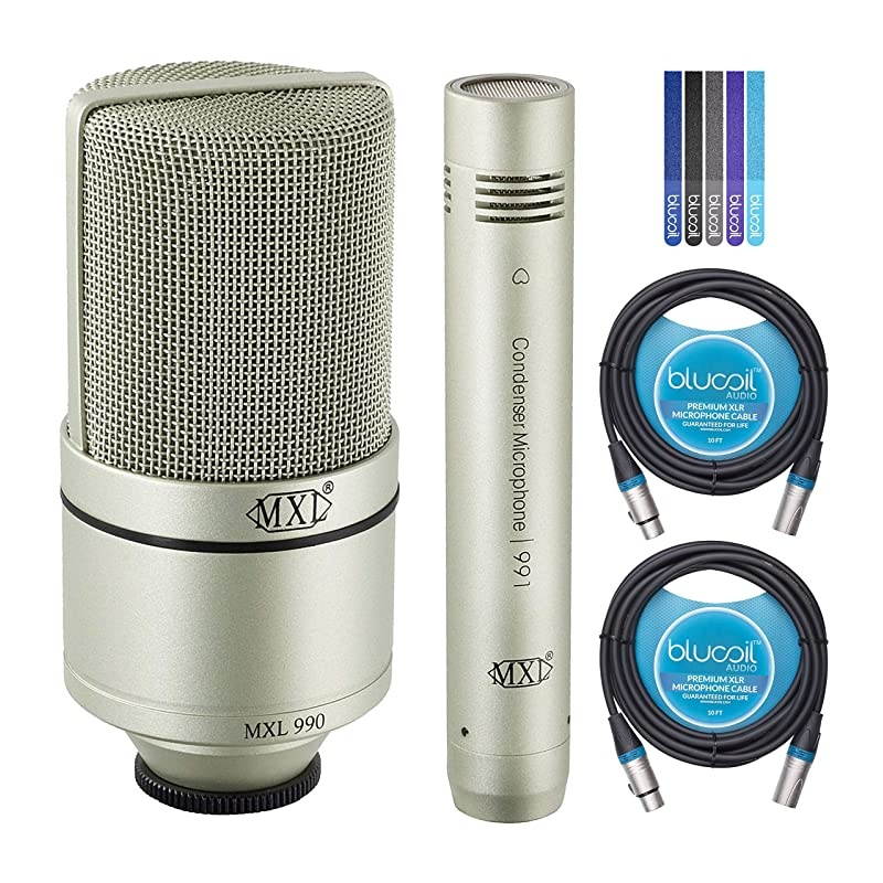 MXL 990 991 Recording Microphone Package Bundle with Hard Mount Mic Stand Adapters,  2-Pack of 10-FT Balanced XLR Cables, and 5-Pack of Reusable Cable Ties