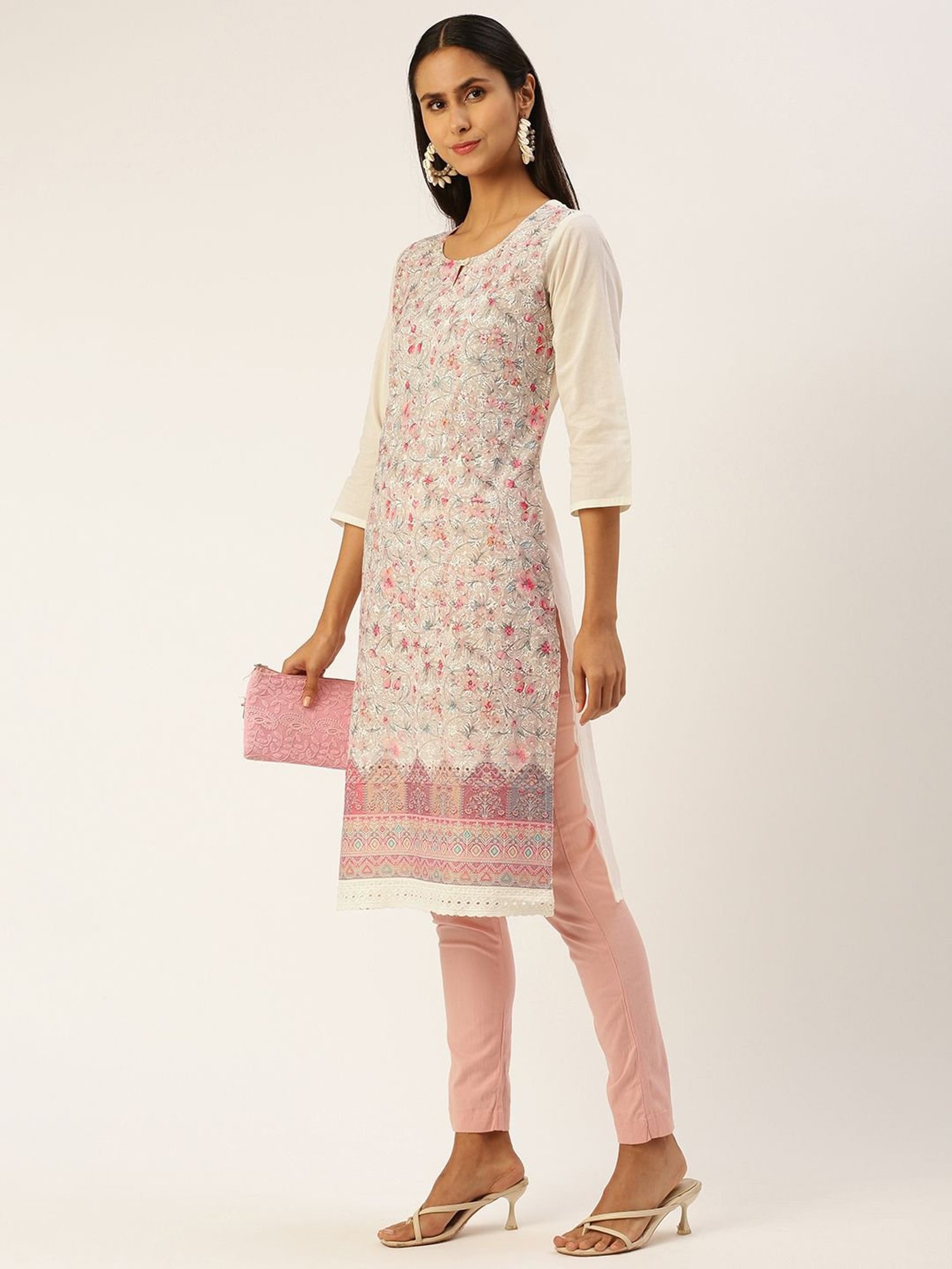 SHANVIKA Cream Embroidered Cotton Straight Kurta