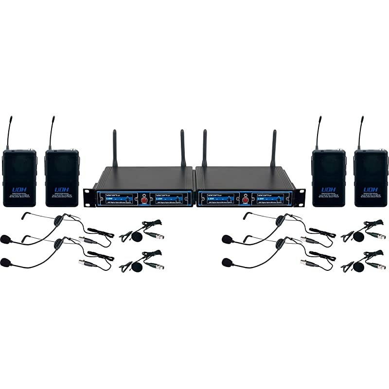 UDHPLAY4 FOUR CHANNEL UHF Headset & Lapel Wireless Microphone Package with Mic-on-chip technology