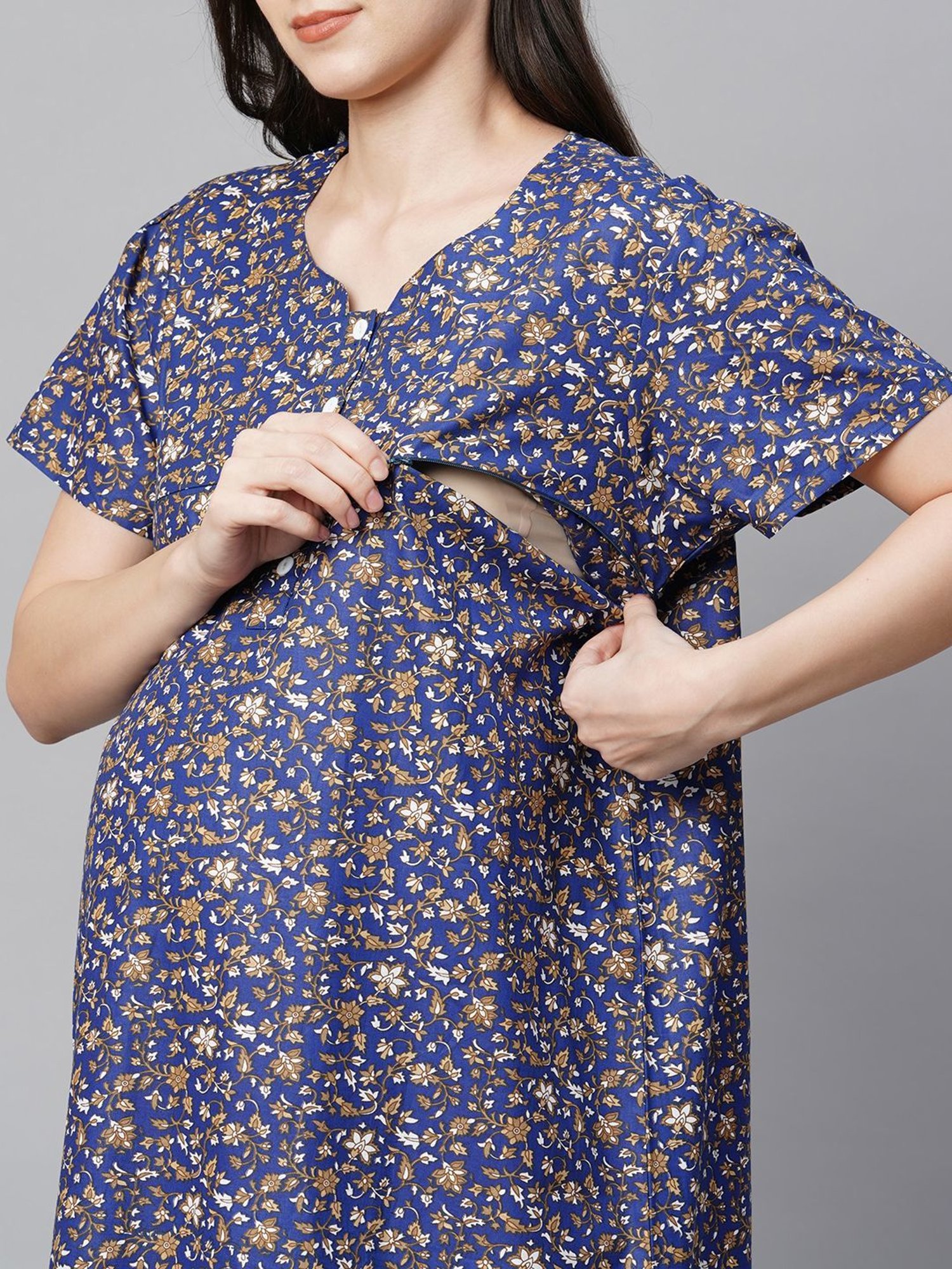 MomToBe Blue Cotton Printed Feeding Nighty