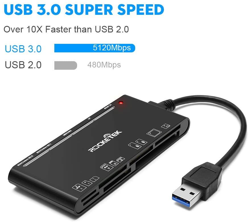 Rocketek USB 3.0 Memory Card Reader/Writer for CF Card, xD Card, SD Card, Micro SD Card, MS Card, with a 13cm USB Cable design - 5 cards read simultaneously