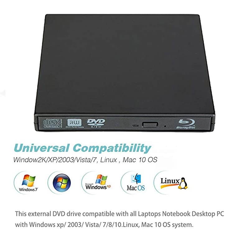 Blu Ray DVD Drive USB 2.0 Ultra-Slim CD/DVD-ROM CD/DVD-RW Burner Player Rewriter for All Laptop/Notebook/Desktop with Windows 7/8/10/XP MAC OS(Black)