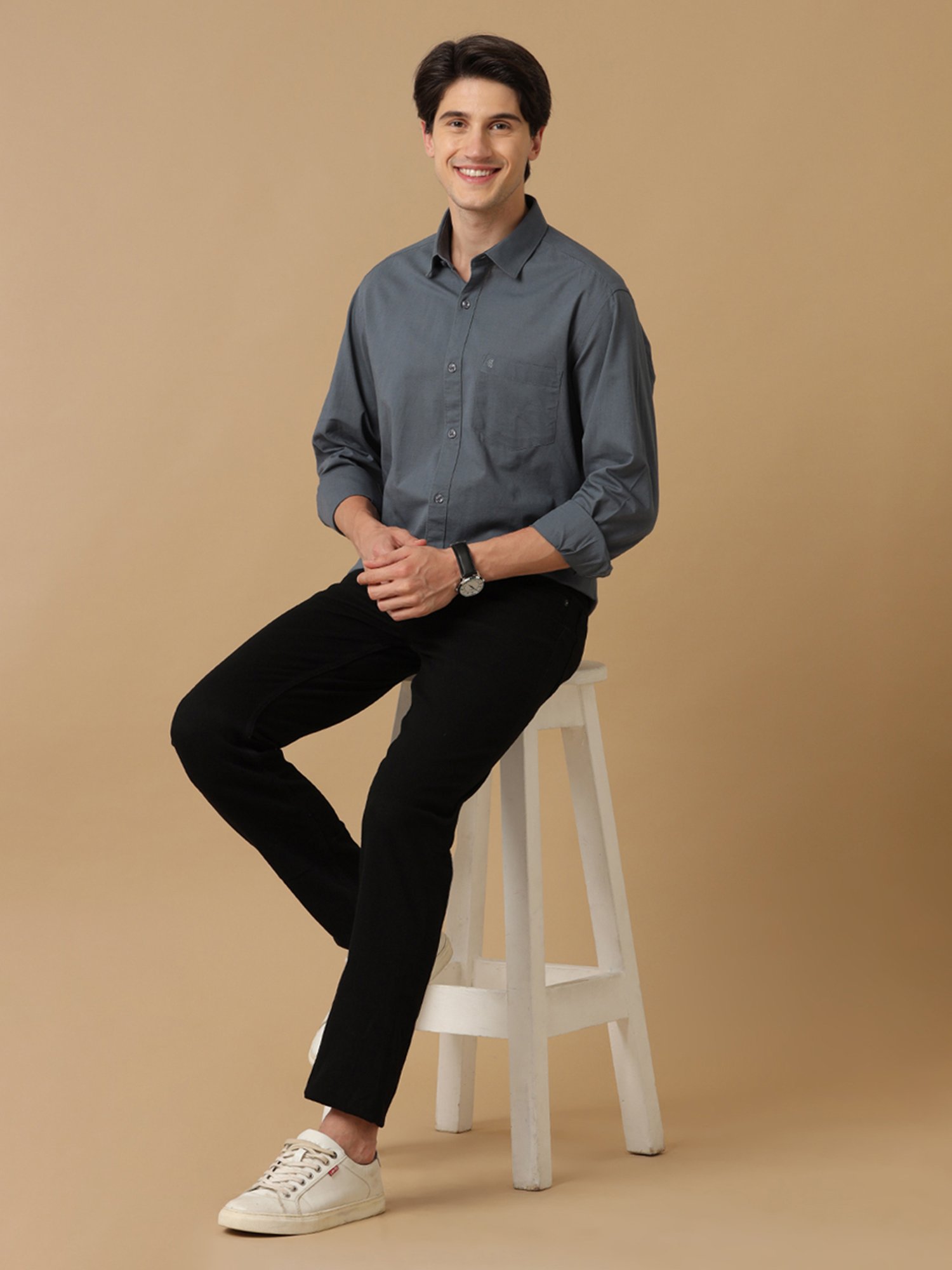 CAVALLO by Linen Club Grey Contemporary Fit Shirt