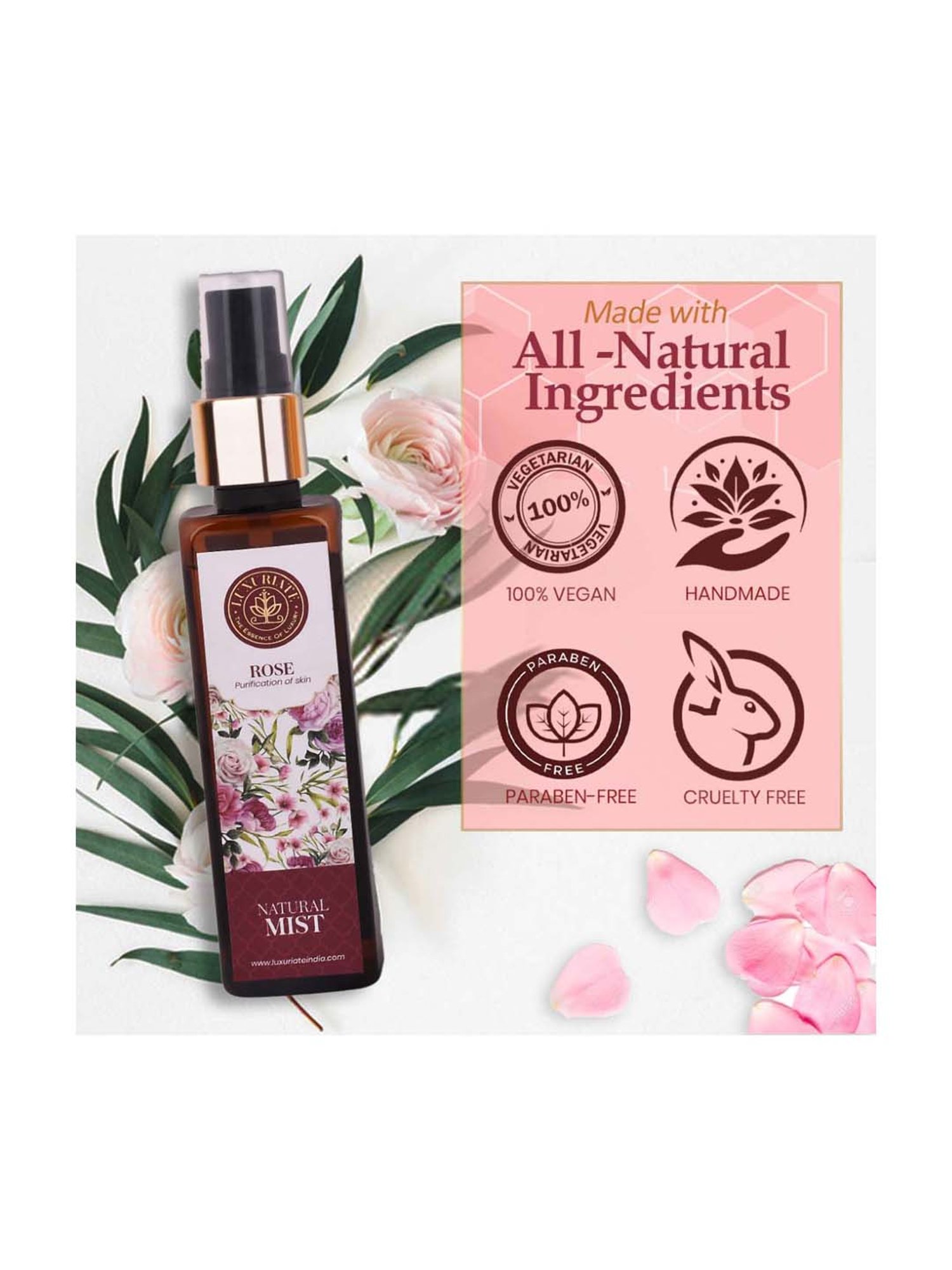 Luxuriate Pure and Natural Skin or Face Rose Mist Spray - 100 ml